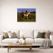 Unframed poster print of Rosa Bonheur's Mounted Indians Carrying Spears displayed on a wall in a living room