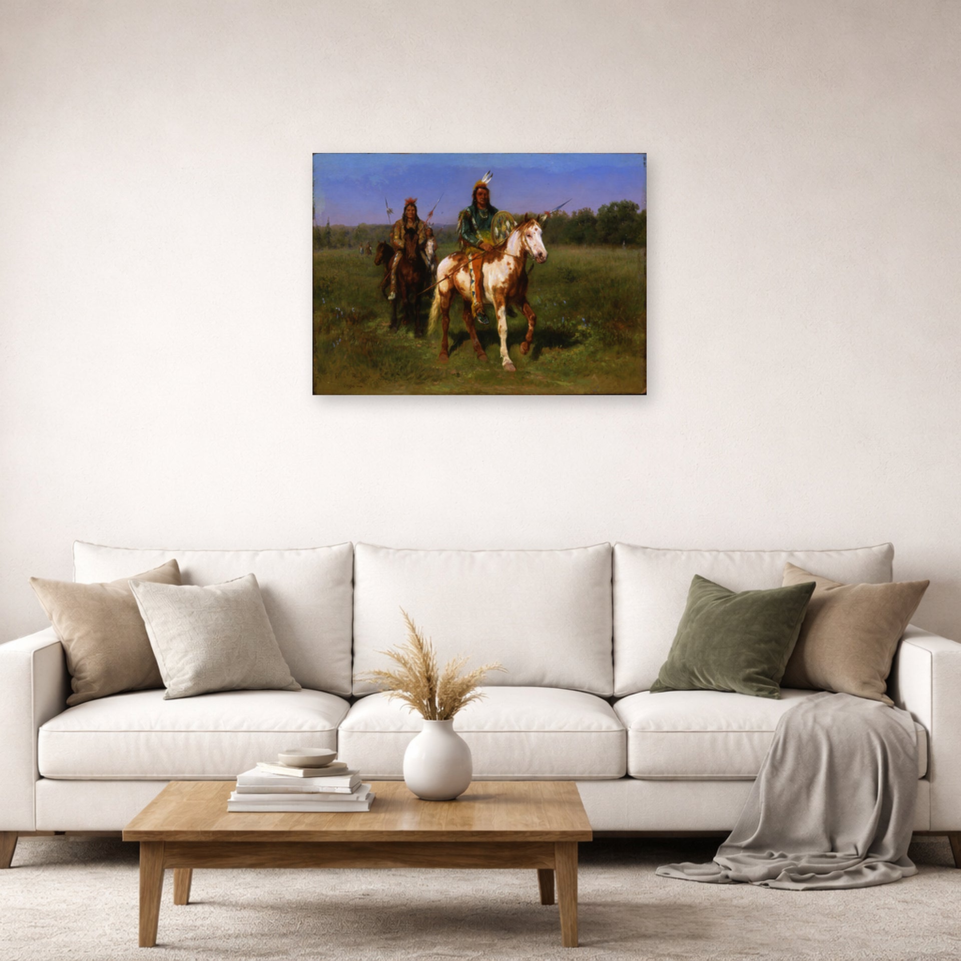 Unframed poster print of Rosa Bonheur's Mounted Indians Carrying Spears displayed on a wall in a living room