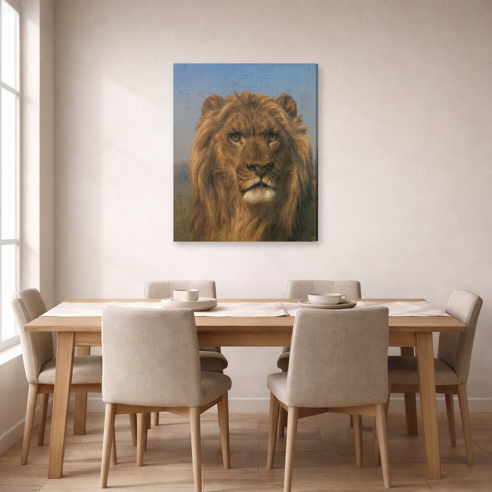 Gallery-wrapped canvas print of Rosa Bonheur's Portrait of a Lion displayed on a wall in a dining