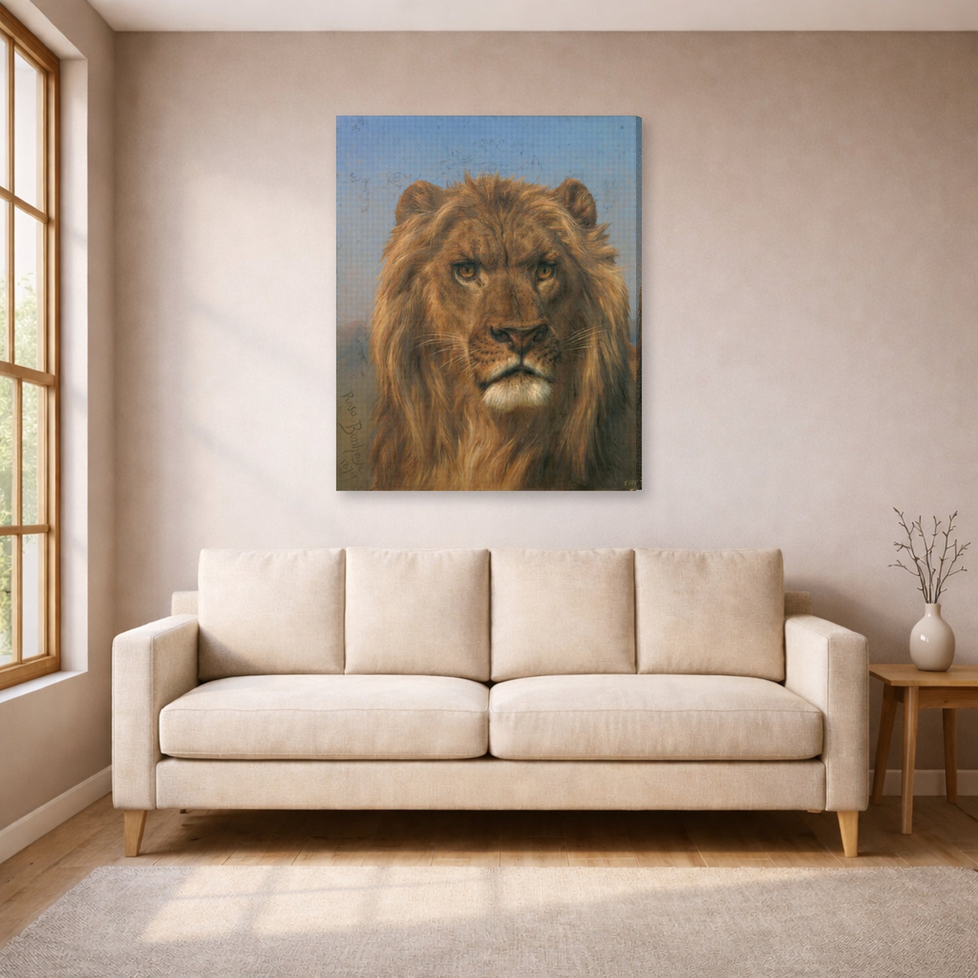 Gallery-wrapped canvas print of Rosa Bonheur's Portrait of a Lion displayed on a wall in a living room