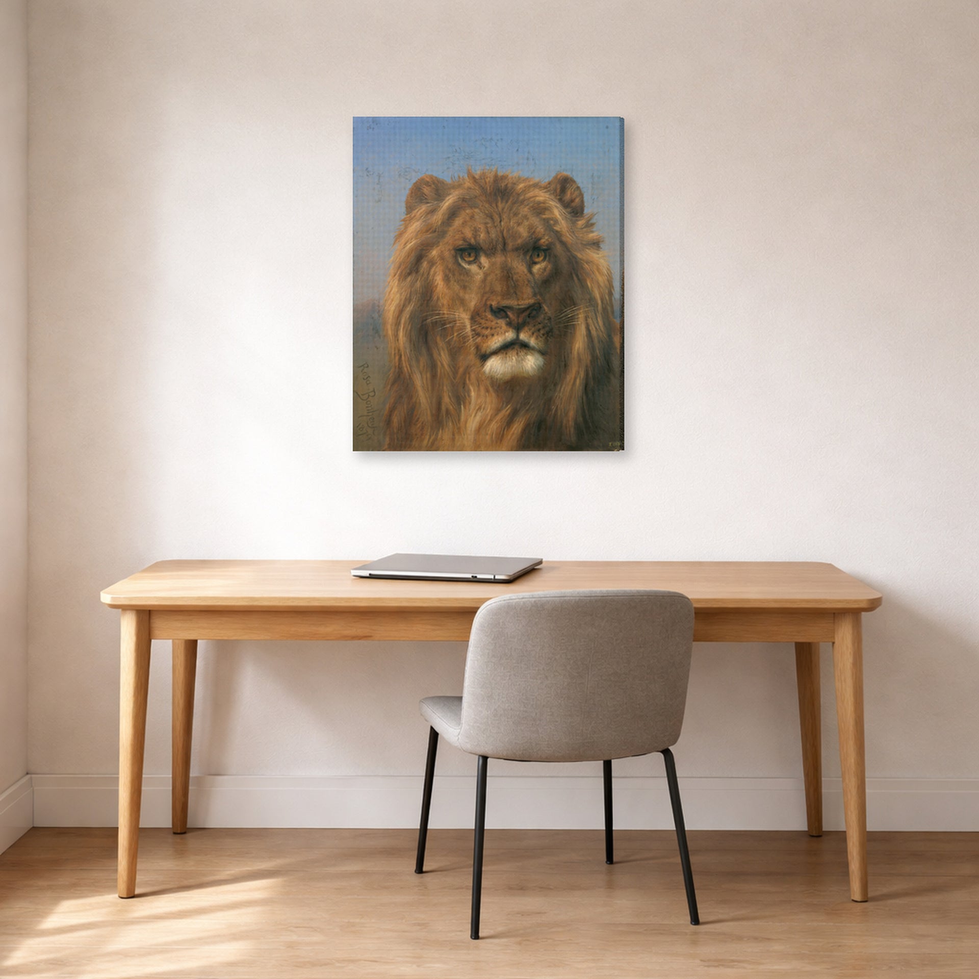 Gallery-wrapped canvas print of Rosa Bonheur's Portrait of a Lion displayed on a wall in a office