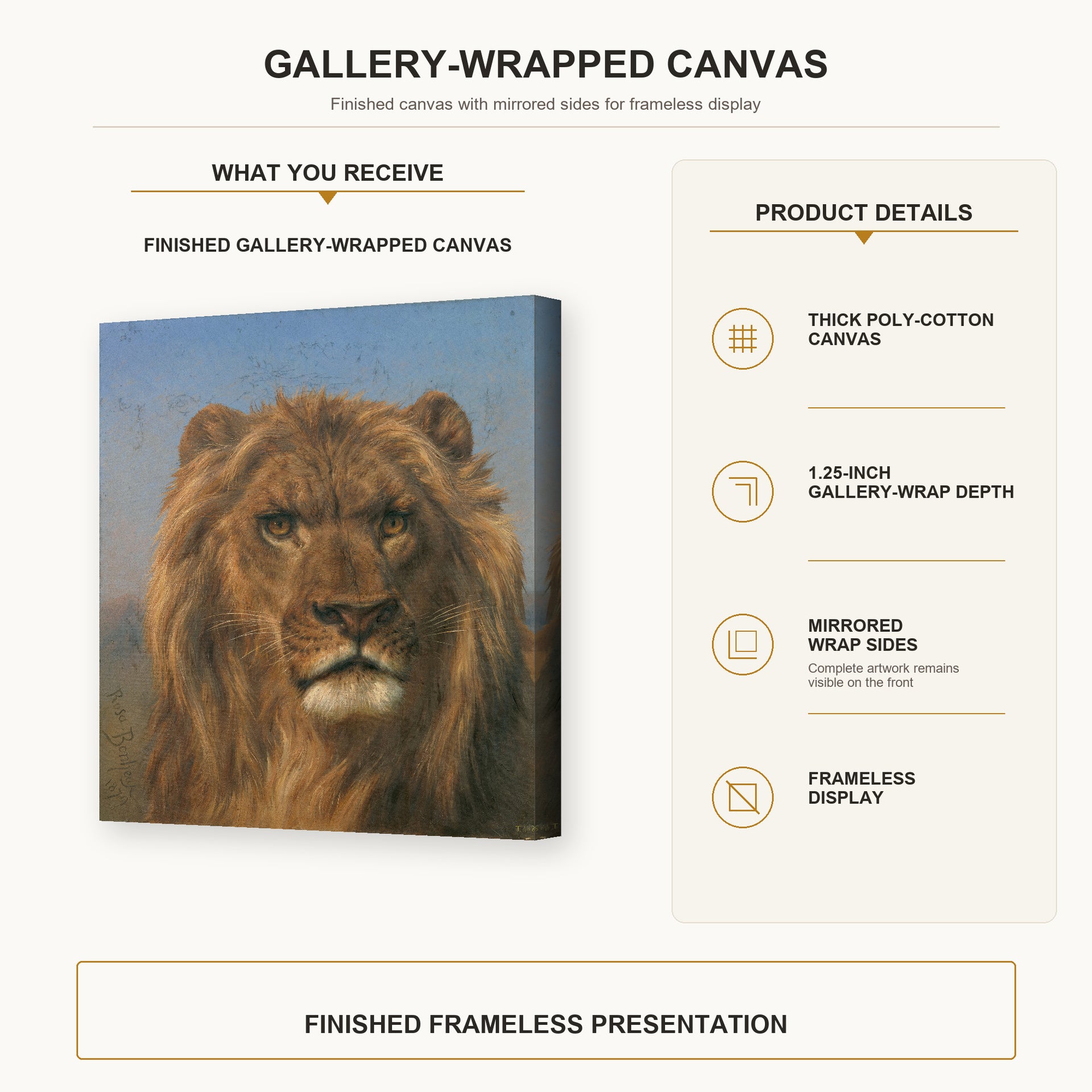 Rosa Bonheur - Portrait of a Lion gallery wrap canvas construction and hanging details infographic