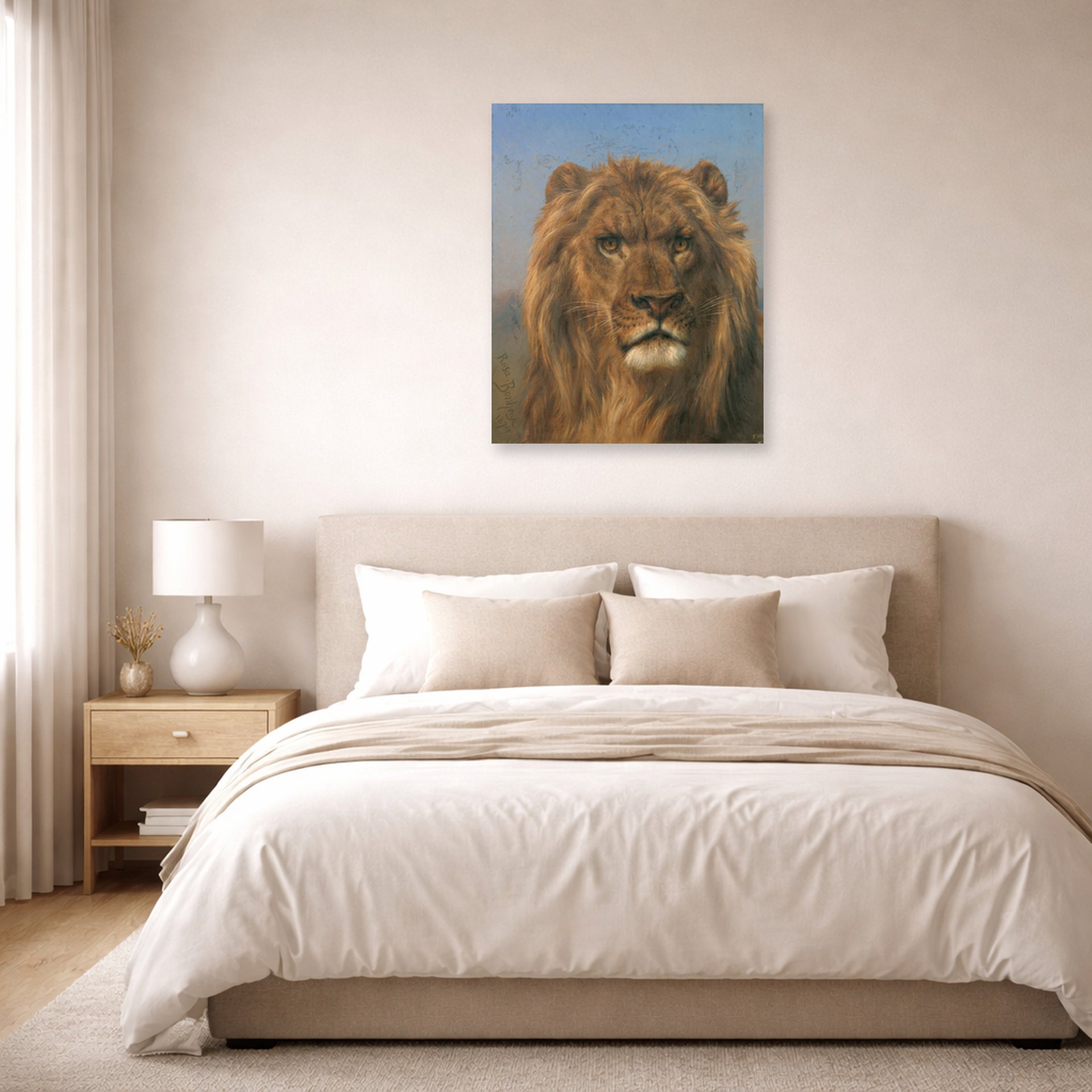 Unframed poster print of Rosa Bonheur's Portrait of a Lion displayed on a wall in a bedroom