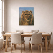 Unframed poster print of Rosa Bonheur's Portrait of a Lion displayed on a wall in a dining