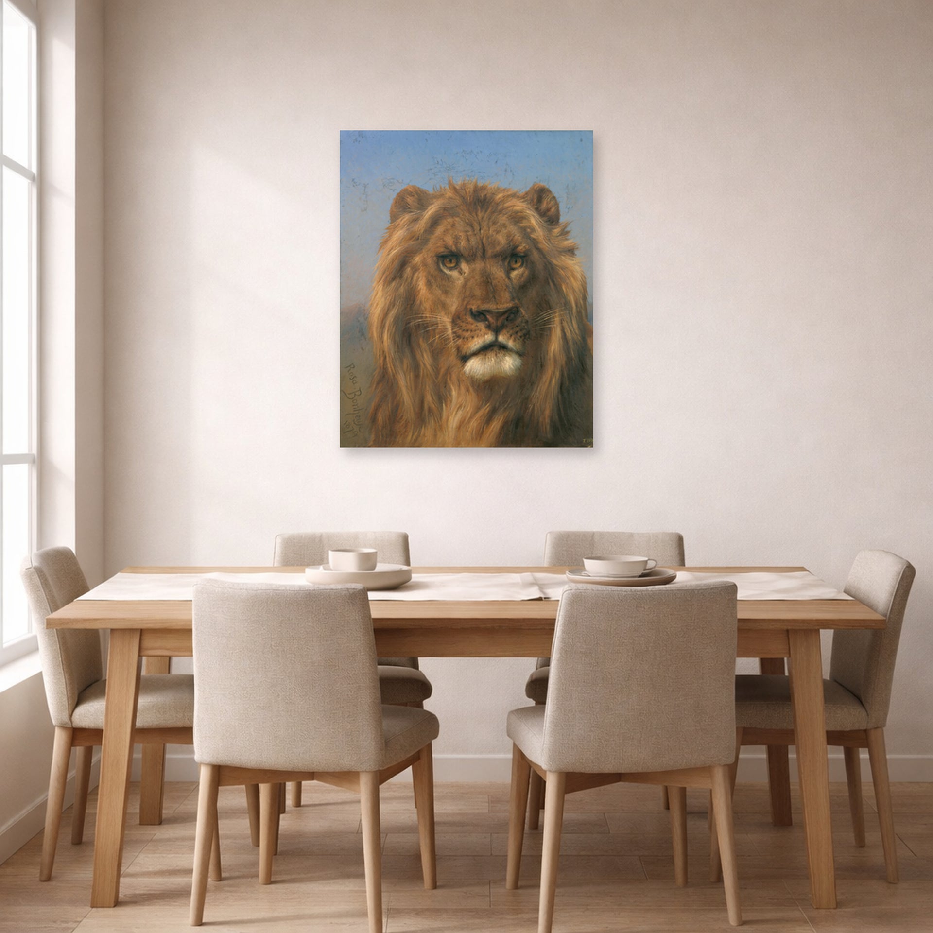 Unframed poster print of Rosa Bonheur's Portrait of a Lion displayed on a wall in a dining