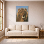 Unframed poster print of Rosa Bonheur's Portrait of a Lion displayed on a wall in a living room