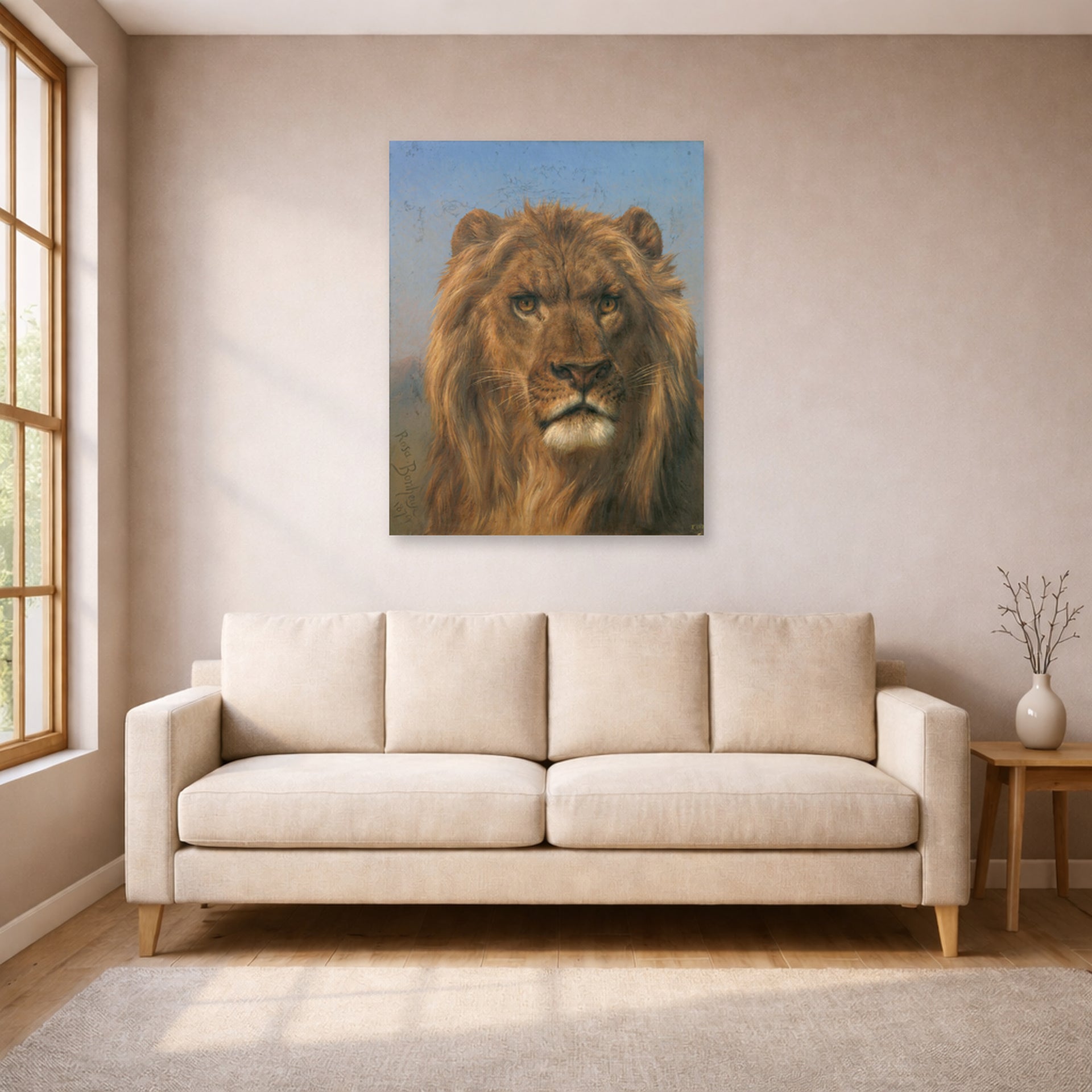 Unframed poster print of Rosa Bonheur's Portrait of a Lion displayed on a wall in a living room