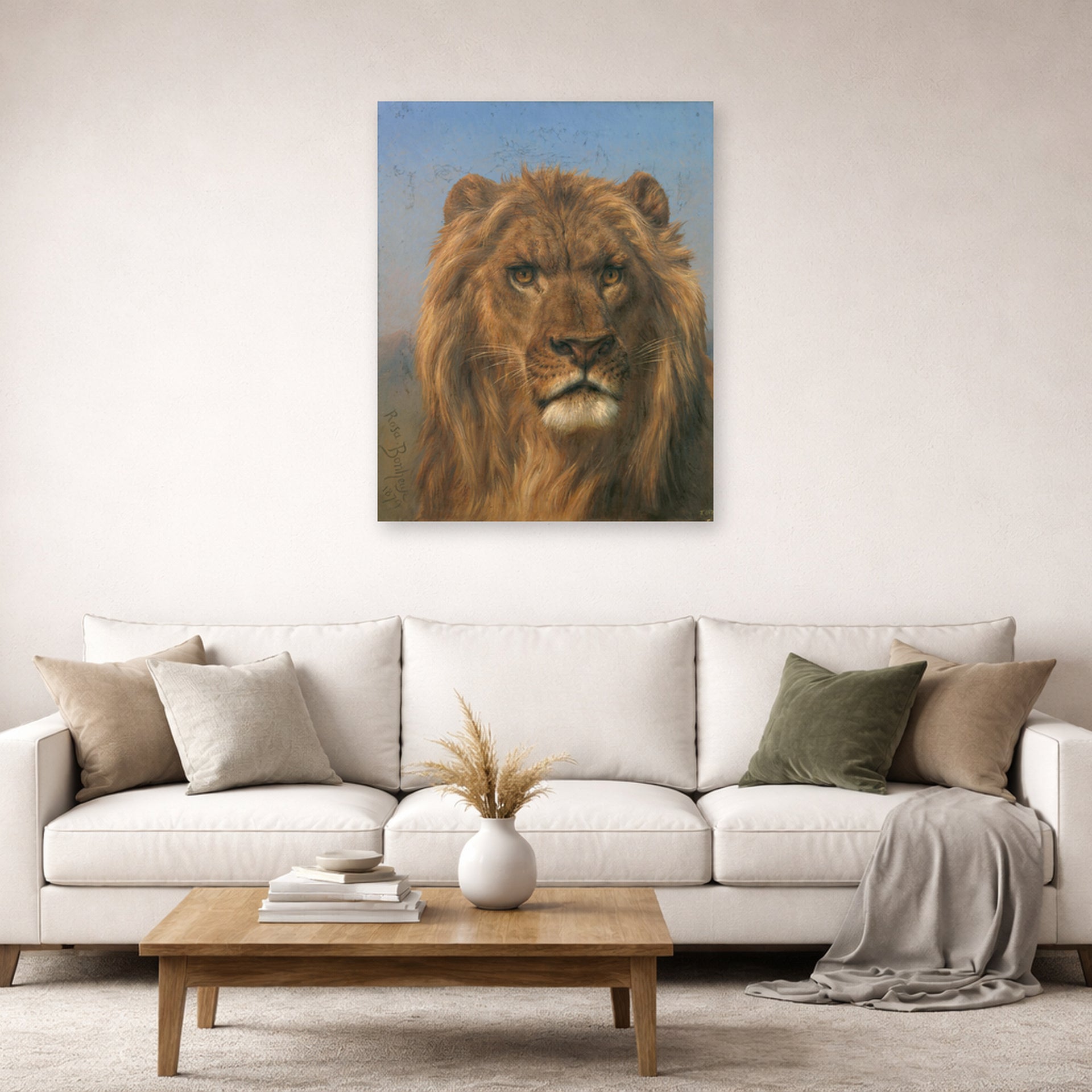 Unframed poster print of Rosa Bonheur's Portrait of a Lion displayed on a wall in a living room