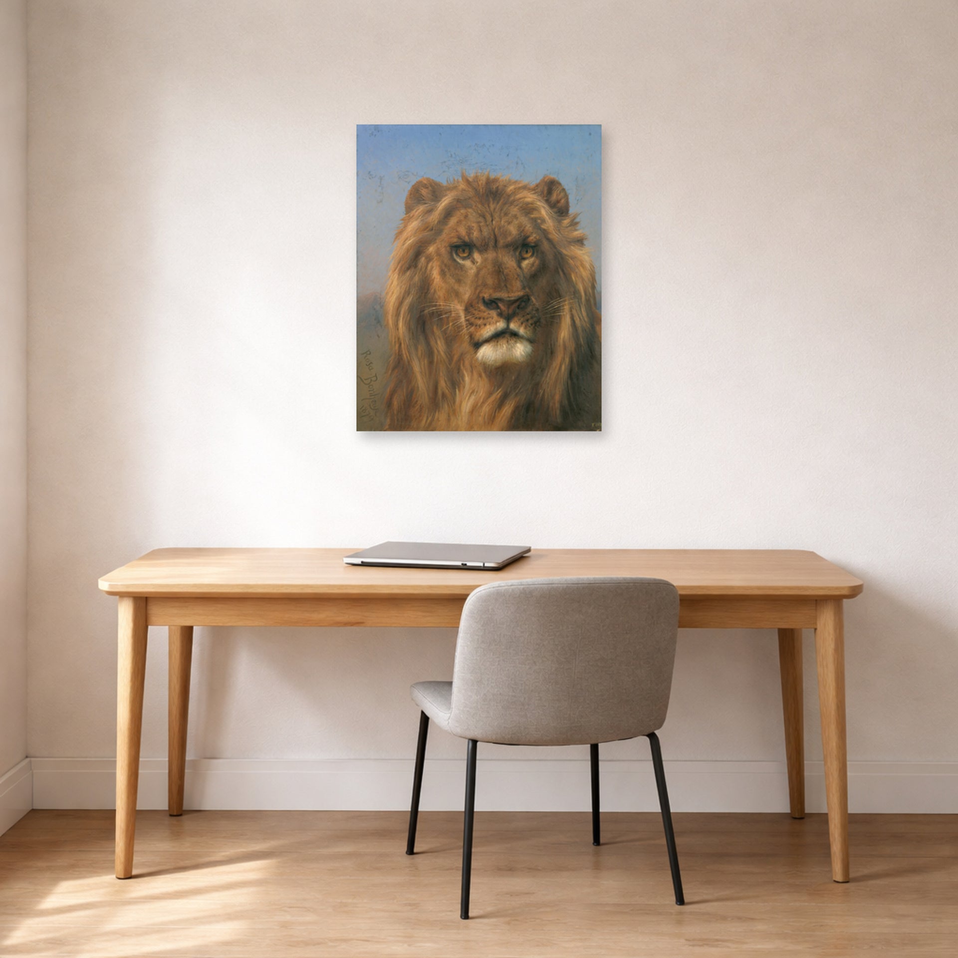 Unframed poster print of Rosa Bonheur's Portrait of a Lion displayed on a wall in a office
