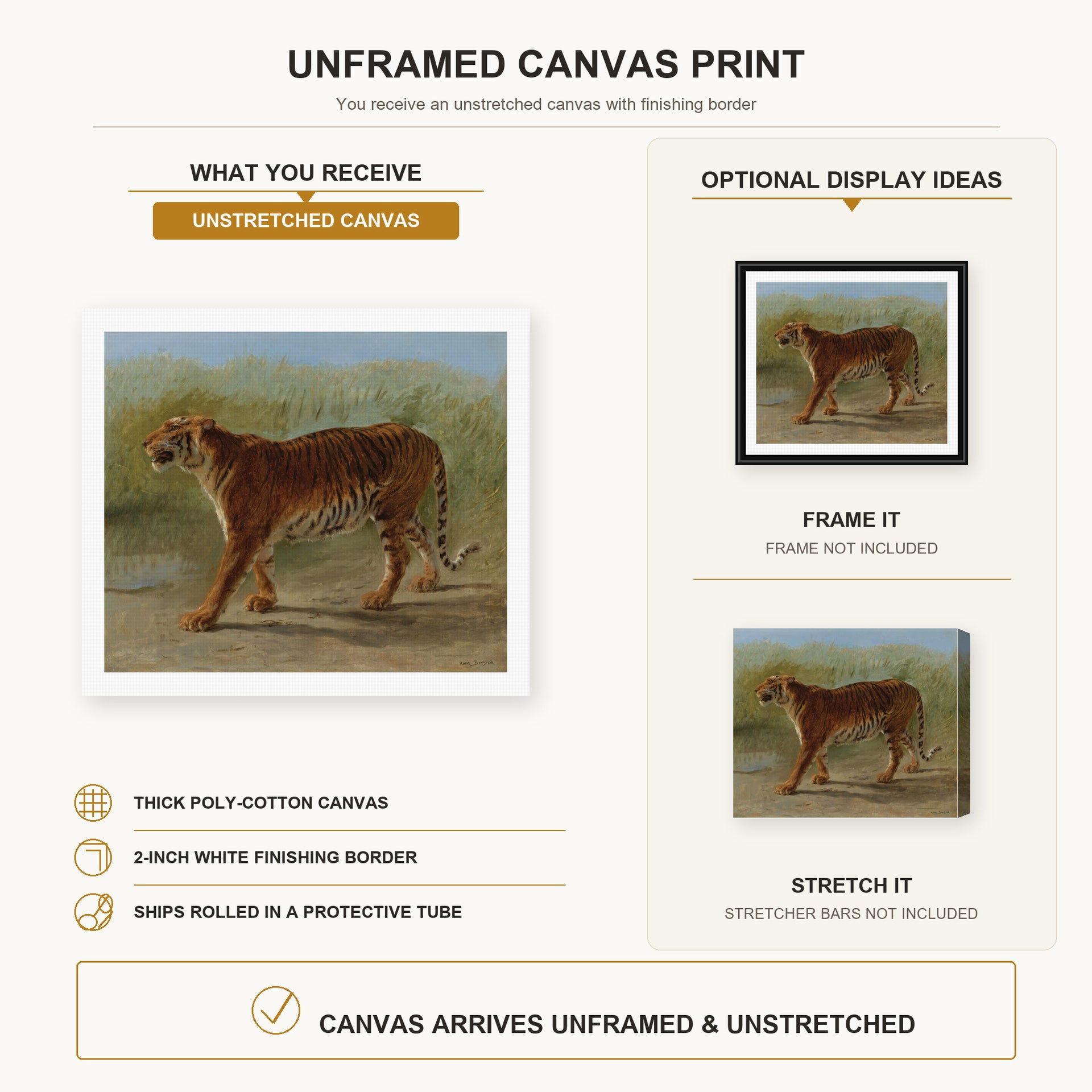 Rosa Bonheur - Royal Tiger Marching canvas print size comparison and framing display infographic