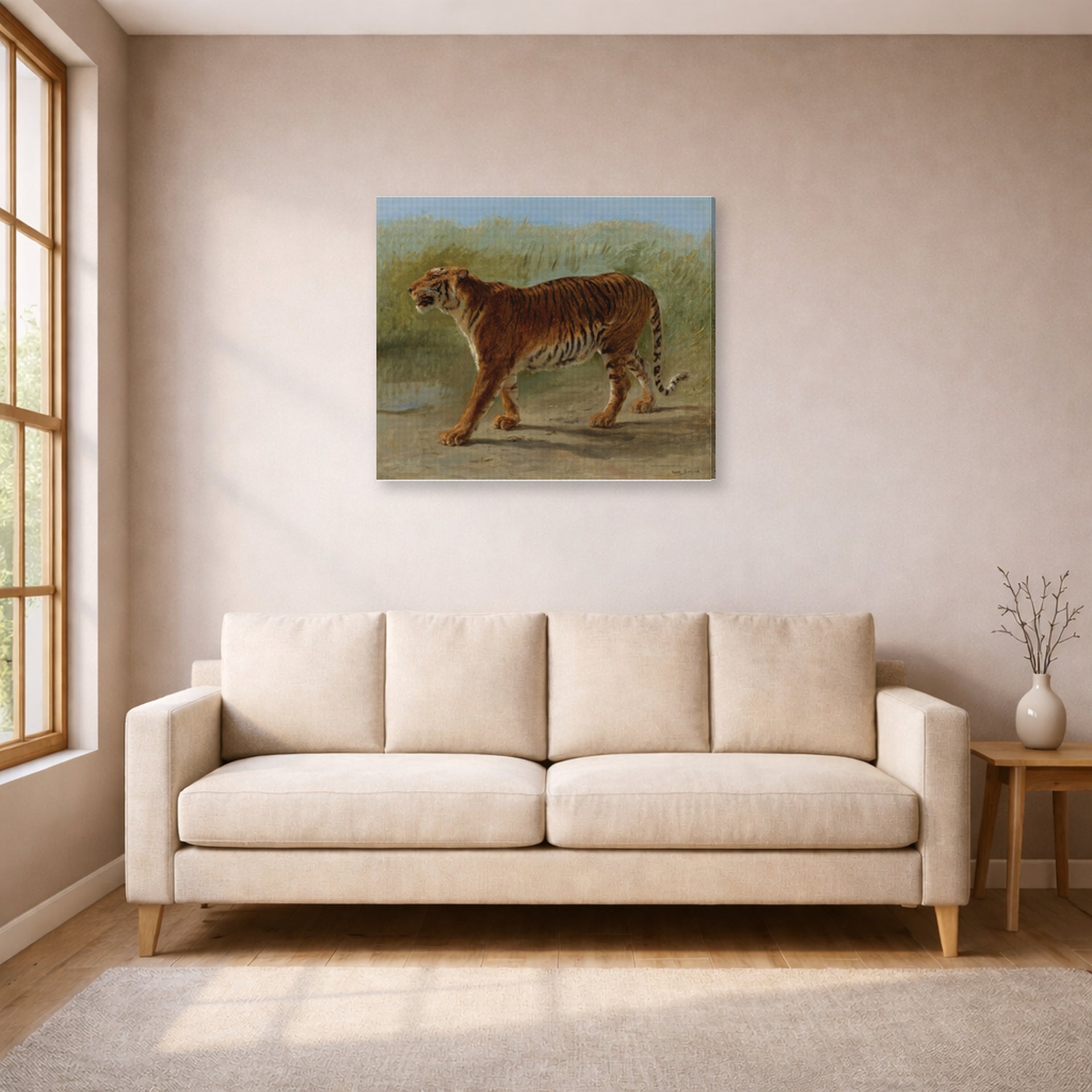 Gallery-wrapped canvas print of Rosa Bonheur's Royal Tiger Marching displayed on a wall in a living room