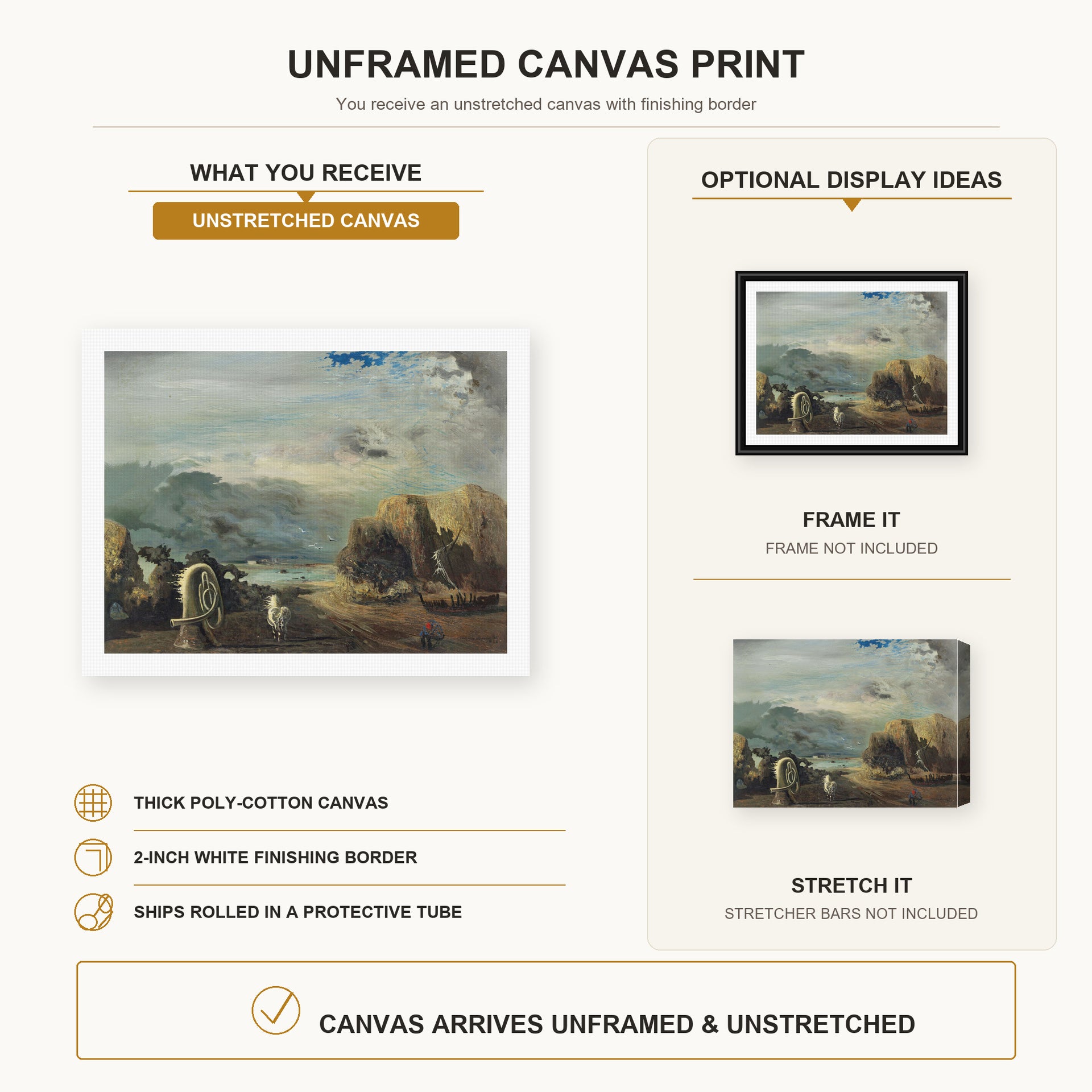 Salvador Dali - A Trombone and a Sofa Fashioned Out of Saliva canvas print size comparison and framing display infographic