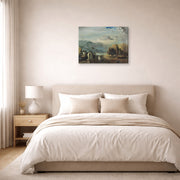 Gallery-wrapped canvas print of Salvador Dali's A Trombone and a Sofa Fashioned Out of Saliva displayed on a wall in a bedroom