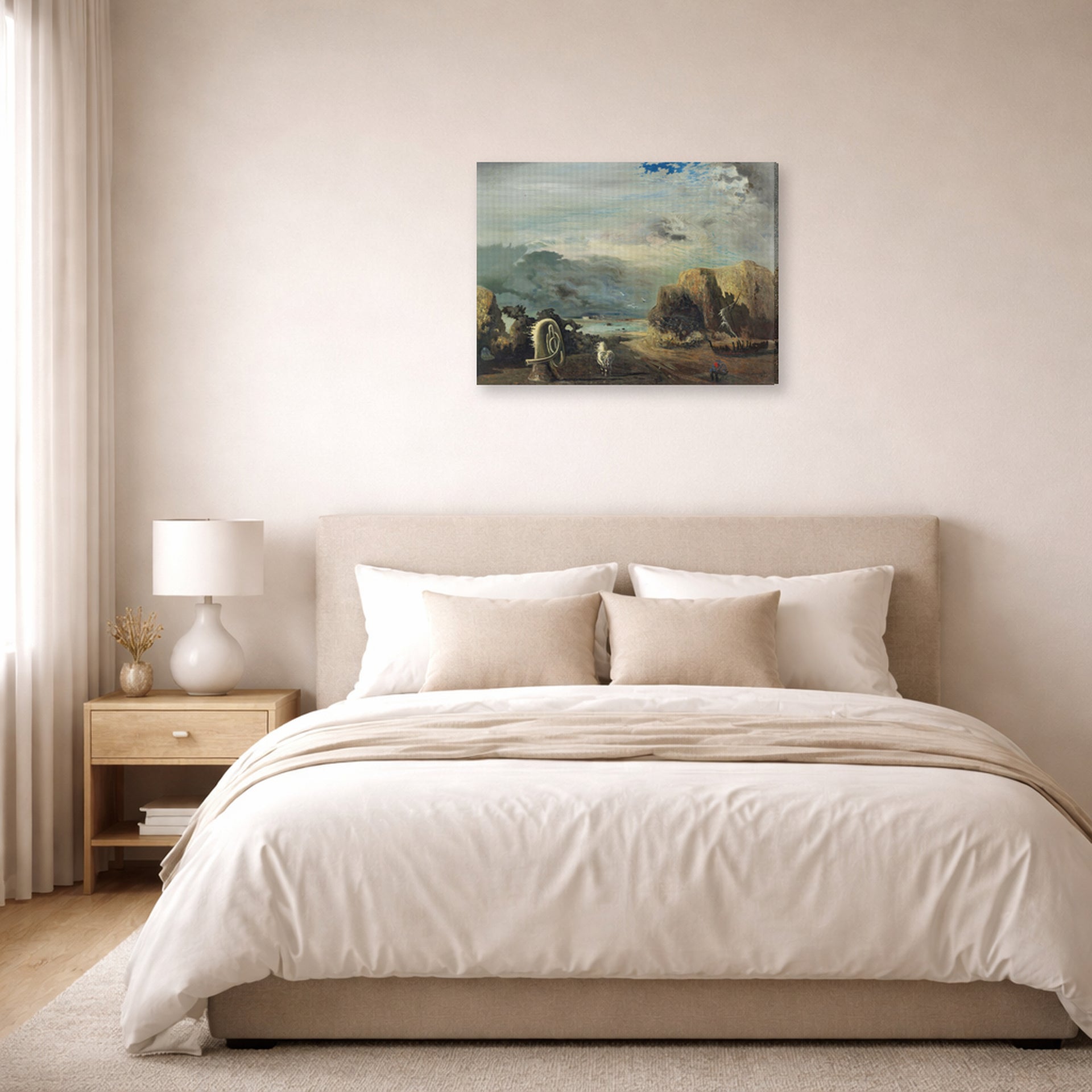 Gallery-wrapped canvas print of Salvador Dali's A Trombone and a Sofa Fashioned Out of Saliva displayed on a wall in a bedroom