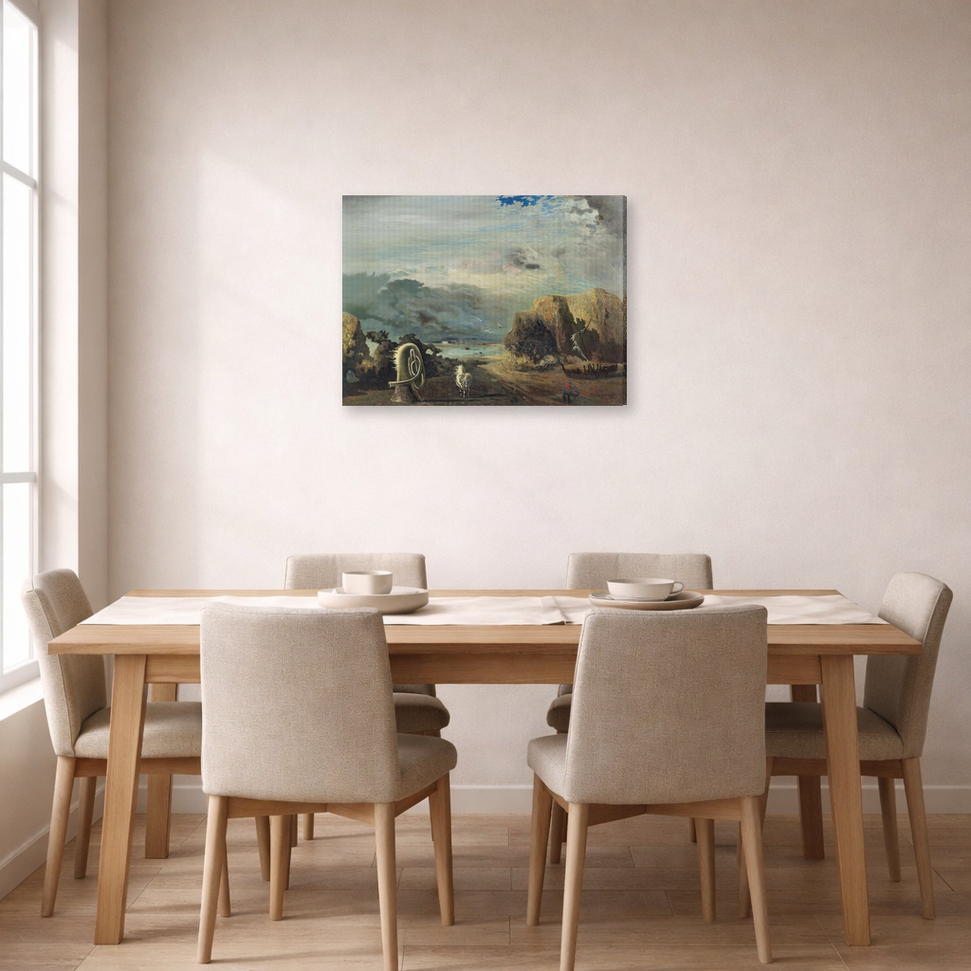 Gallery-wrapped canvas print of Salvador Dali's A Trombone and a Sofa Fashioned Out of Saliva displayed on a wall in a dining room