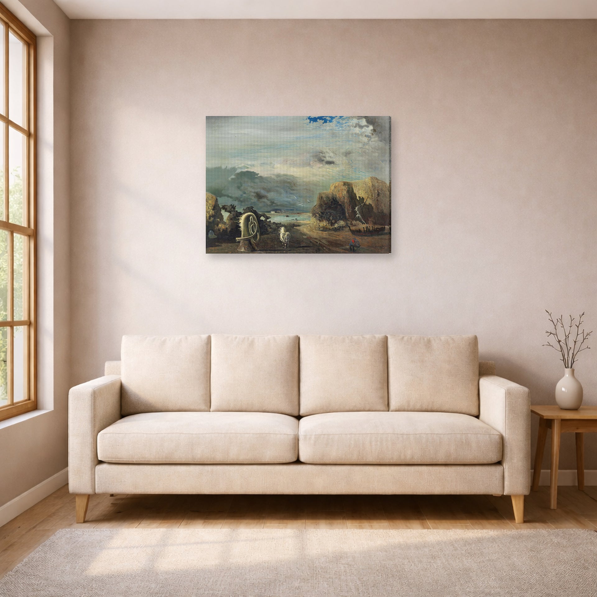 Gallery-wrapped canvas print of Salvador Dali's A Trombone and a Sofa Fashioned Out of Saliva displayed on a wall in a living room