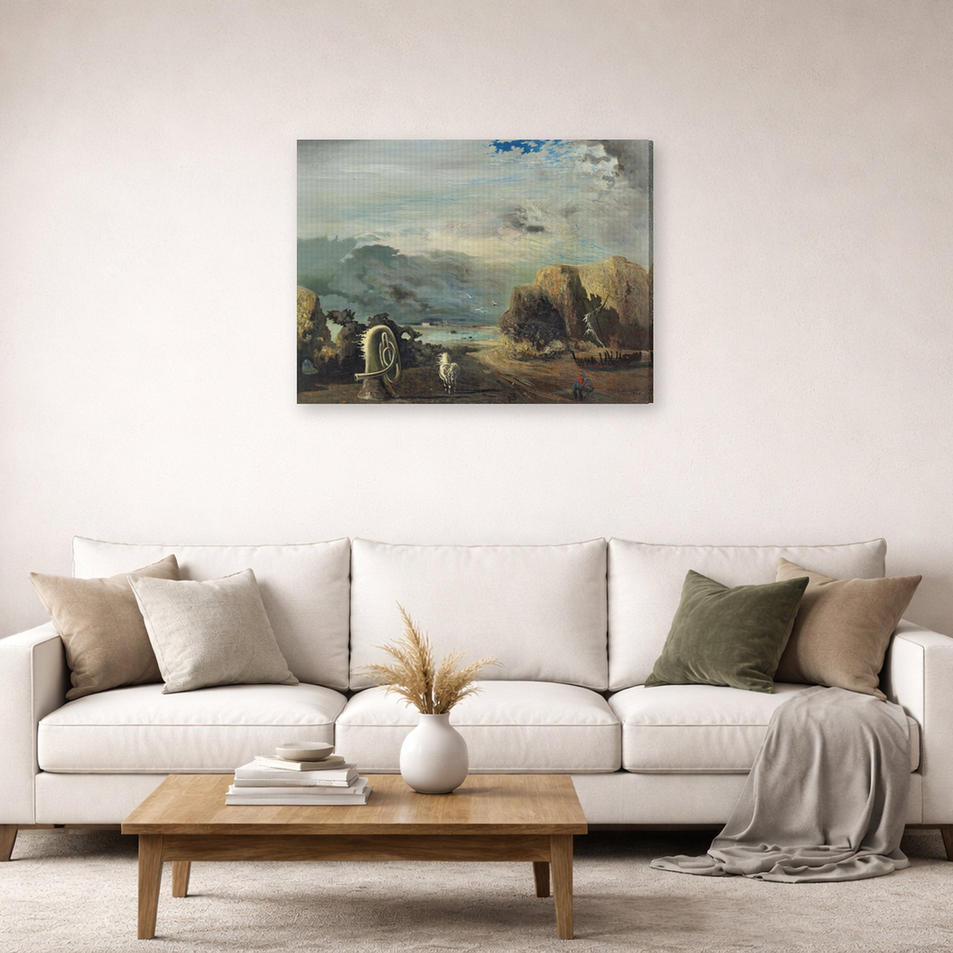 Gallery-wrapped canvas print of Salvador Dali's A Trombone and a Sofa Fashioned Out of Saliva displayed on a wall in a living room