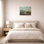 Unframed poster print of Salvador Dali's A Trombone and a Sofa Fashioned Out of Saliva displayed on a wall in a bedroom