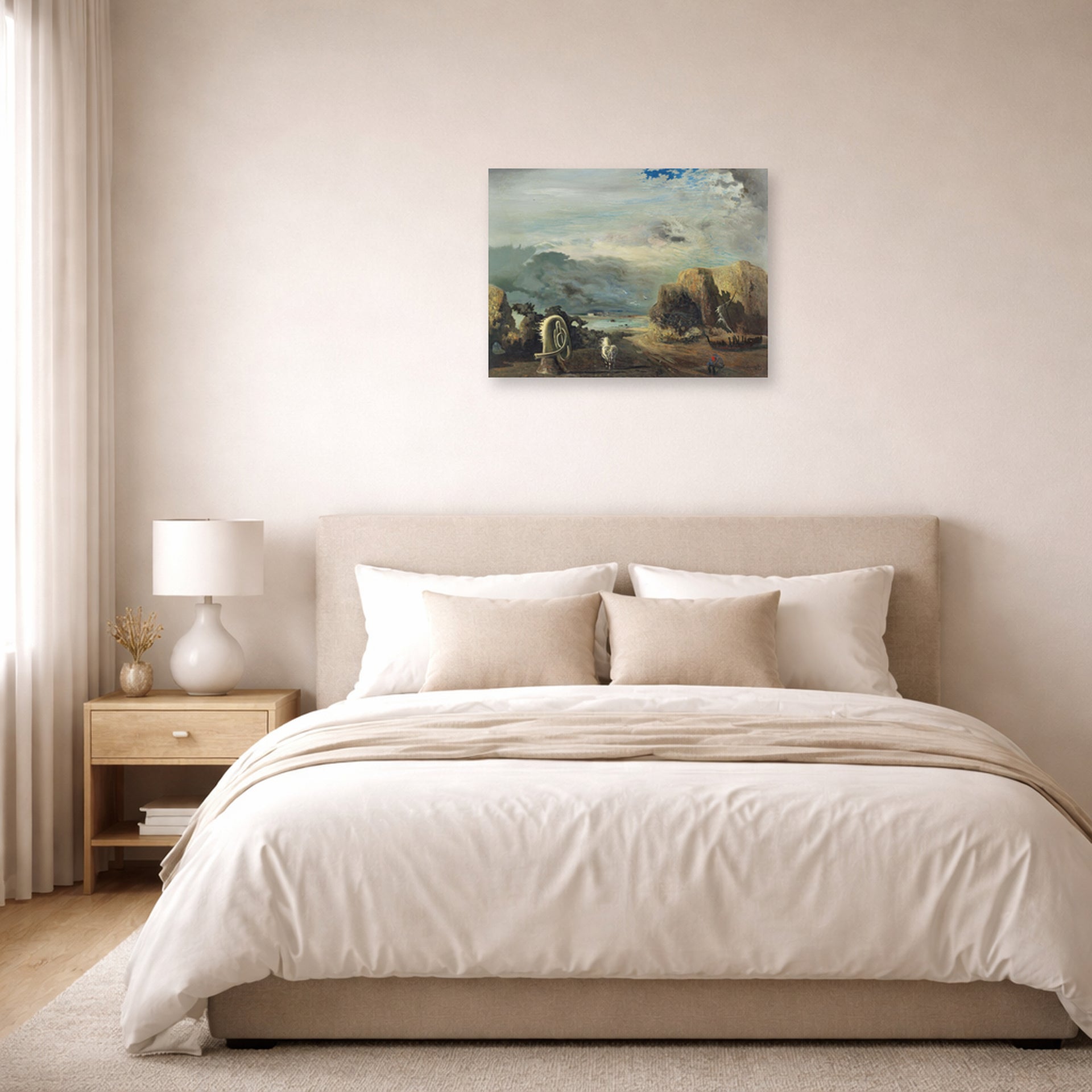 Unframed poster print of Salvador Dali's A Trombone and a Sofa Fashioned Out of Saliva displayed on a wall in a bedroom