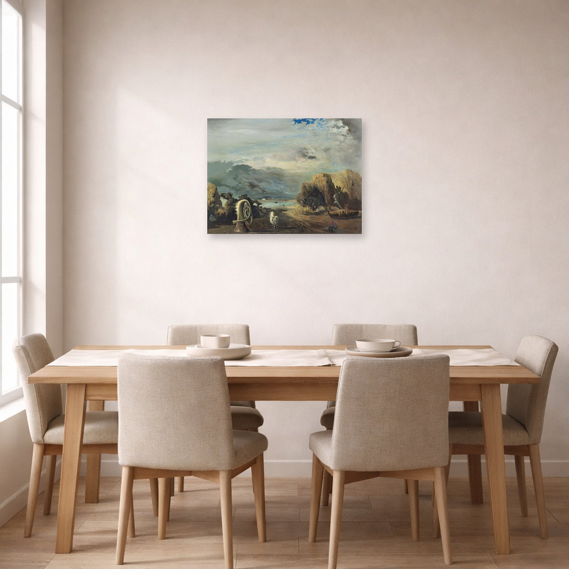 Unframed poster print of Salvador Dali's A Trombone and a Sofa Fashioned Out of Saliva displayed on a wall in a dining room