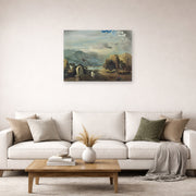 Unframed poster print of Salvador Dali's A Trombone and a Sofa Fashioned Out of Saliva displayed on a wall in a living room