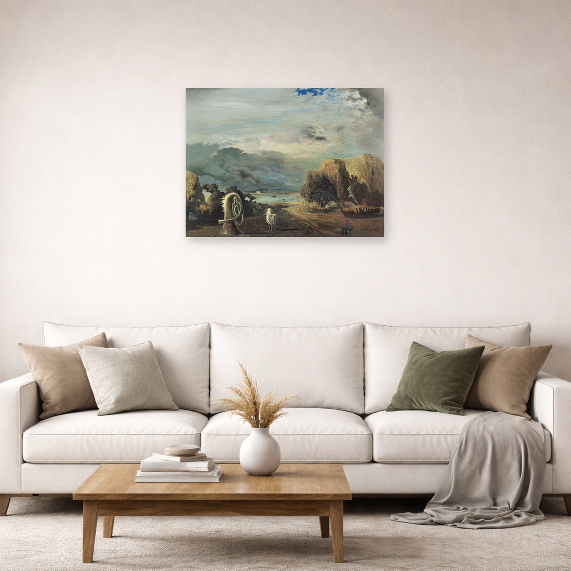 Unframed poster print of Salvador Dali's A Trombone and a Sofa Fashioned Out of Saliva displayed on a wall in a living room