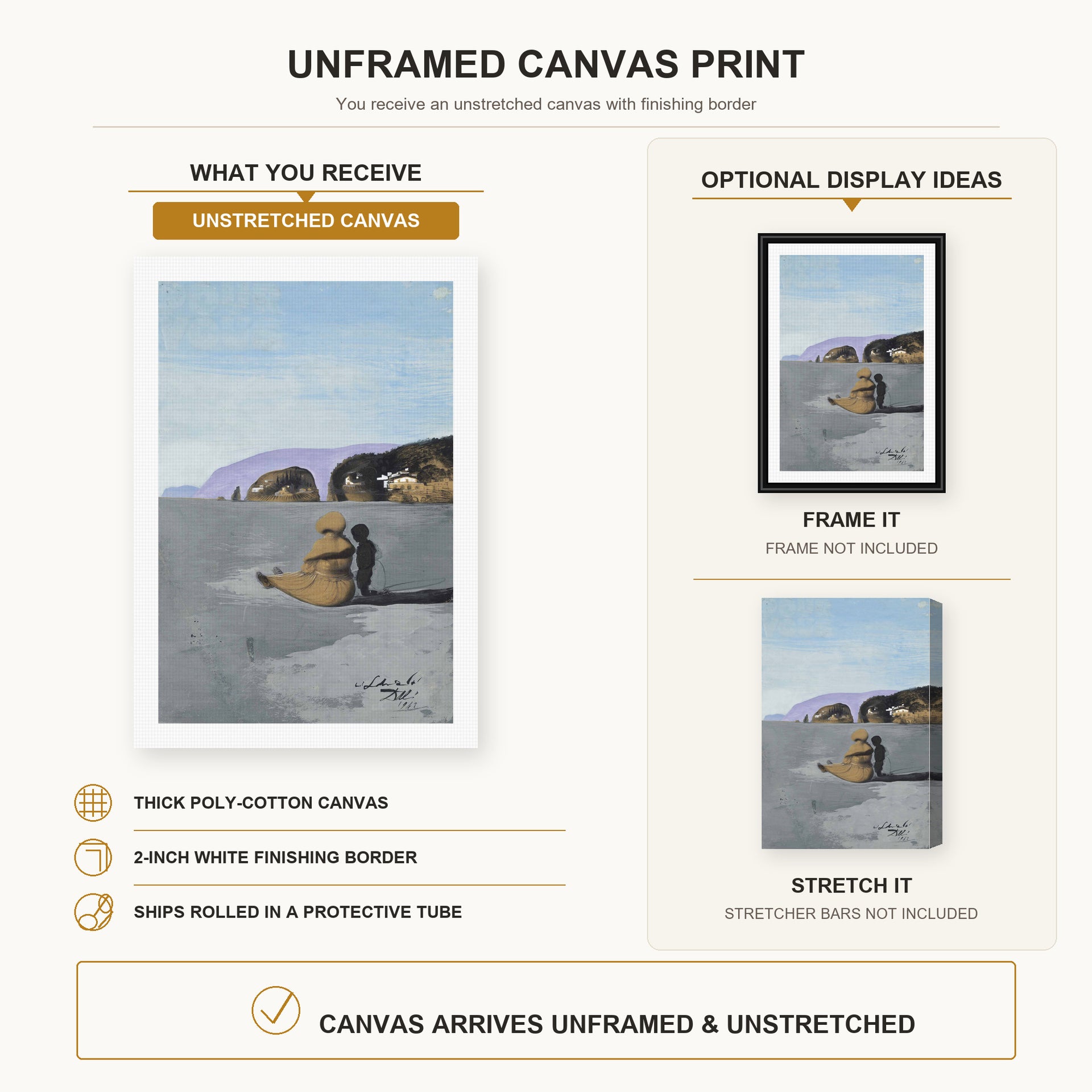 Salvador Dali - Adolescence canvas print size comparison and framing display infographic