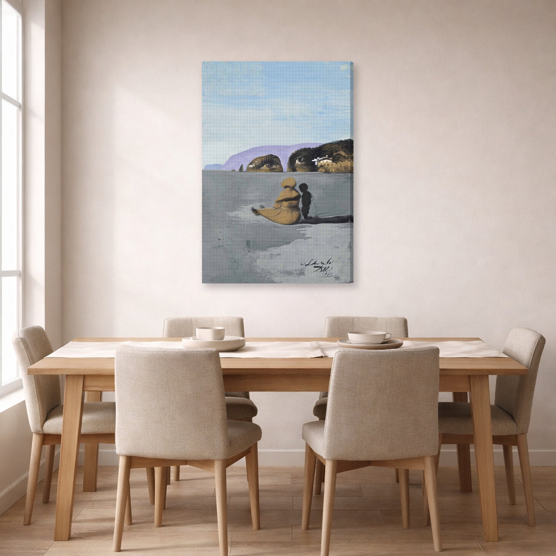 Gallery-wrapped canvas print of Salvador Dali's Adolescence displayed on a wall in a dining room