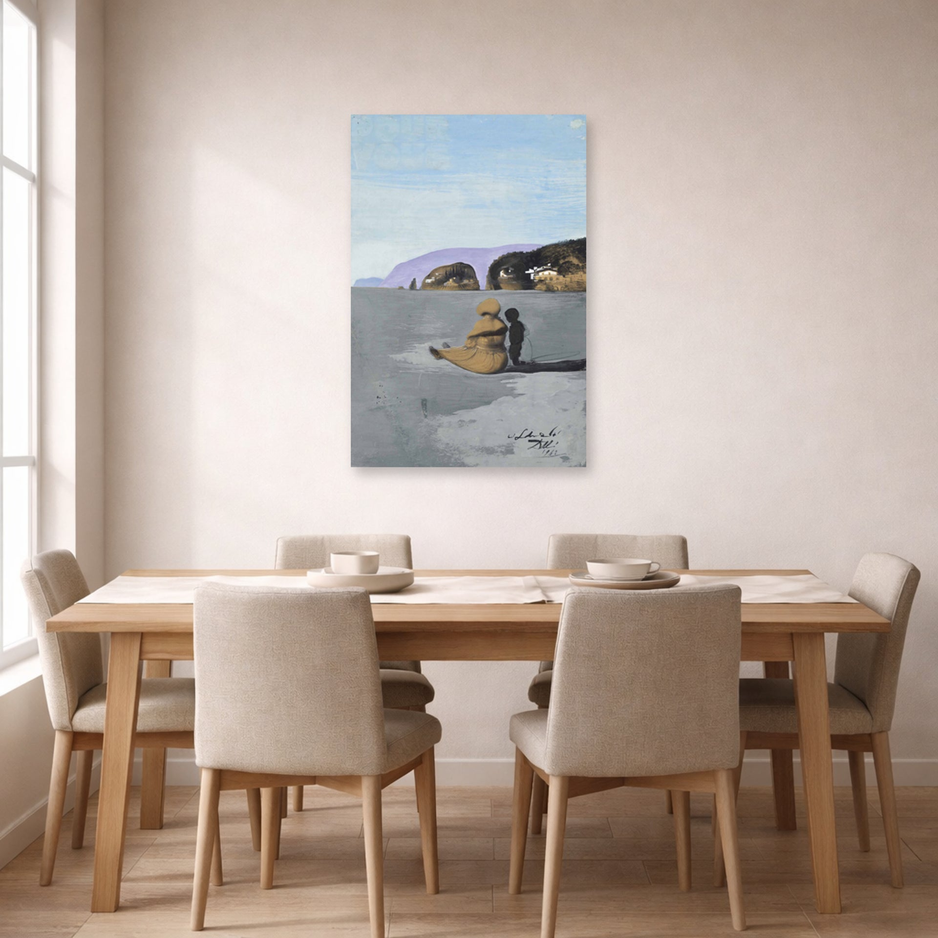 Unframed poster print of Salvador Dali's Adolescence displayed on a wall in a dining room