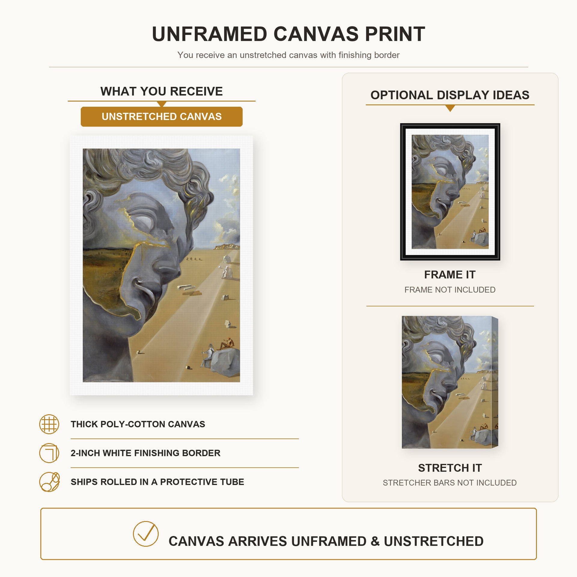 Salvador Dali - After the Head of Giuliano Di Medici canvas print size comparison and framing display infographic