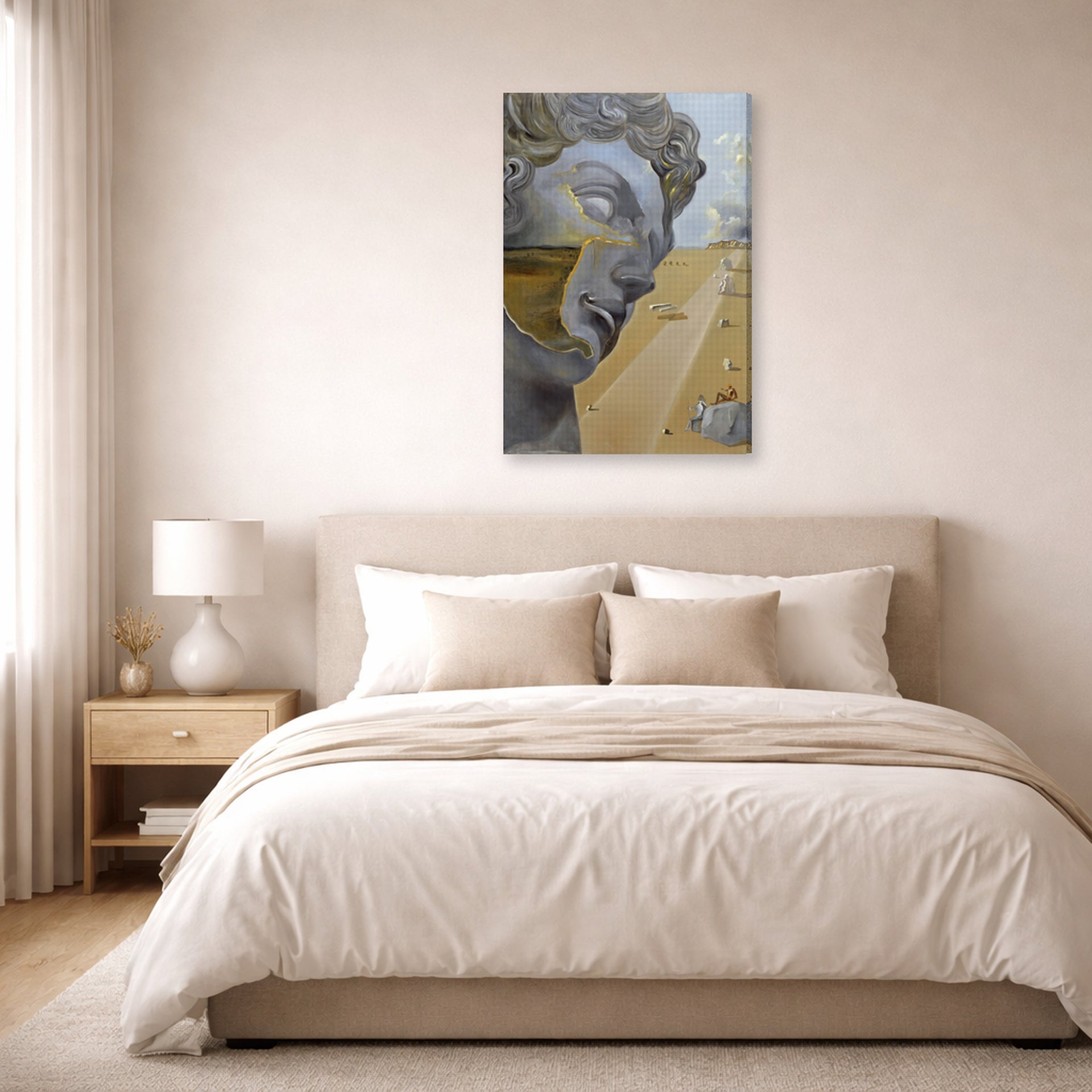 Gallery-wrapped canvas print of Salvador Dali's After the Head of Giuliano Di Medici displayed on a wall in a bedroom
