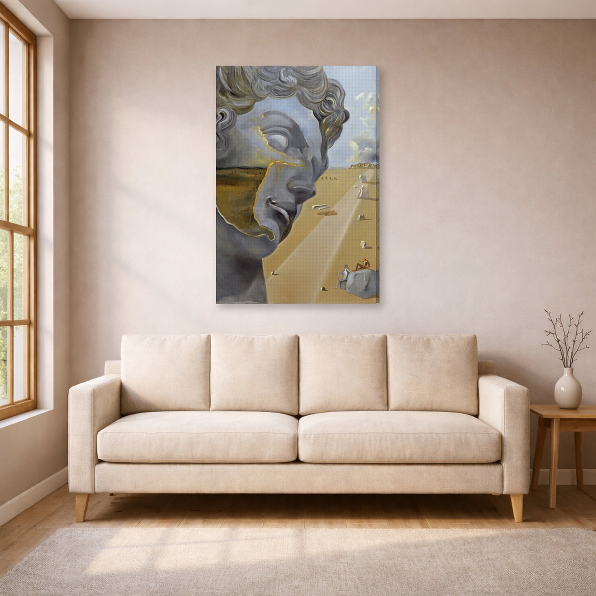 Gallery-wrapped canvas print of Salvador Dali's After the Head of Giuliano Di Medici displayed on a wall in a living room