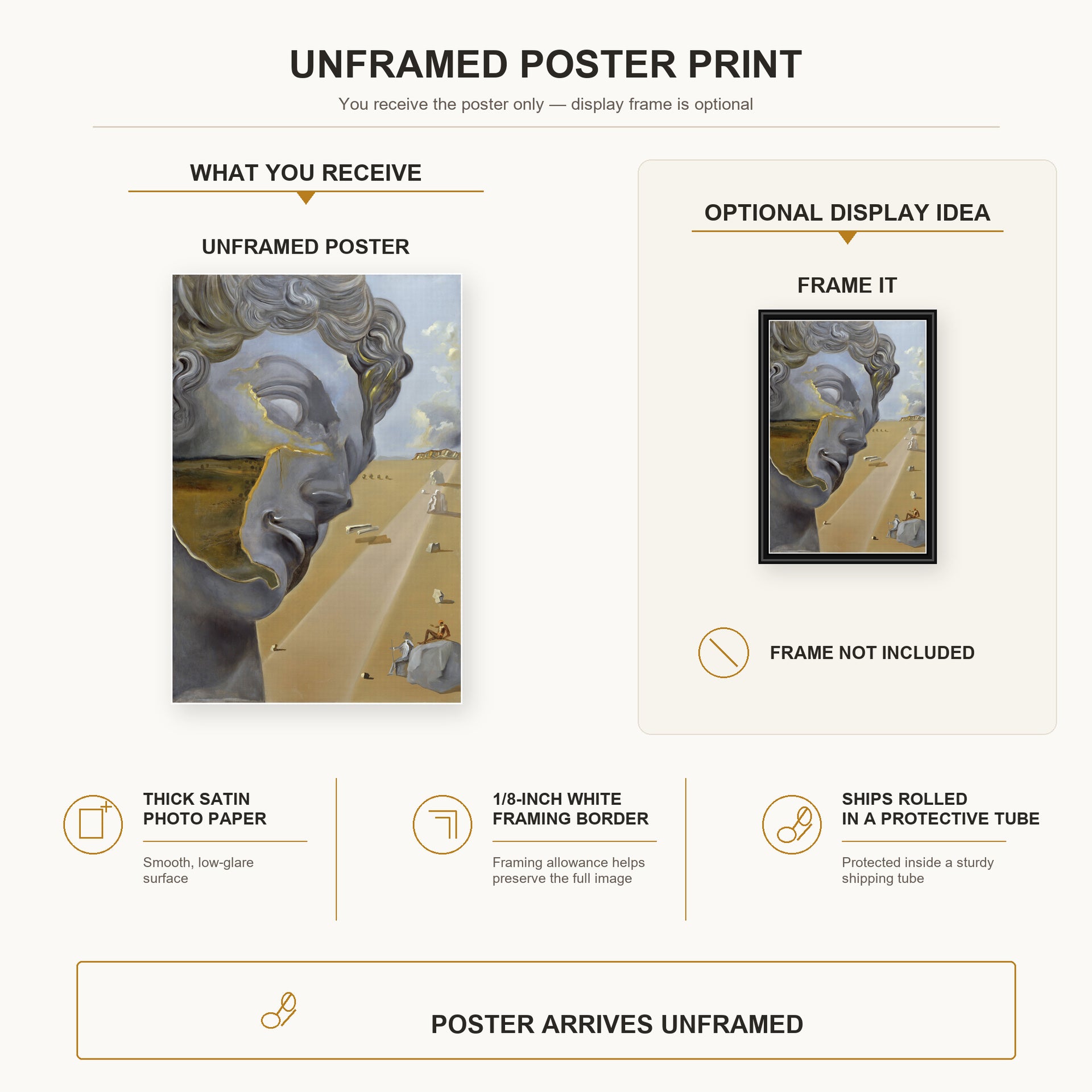 Salvador Dali - After the Head of Giuliano Di Medici poster print size comparison and framing display infographic