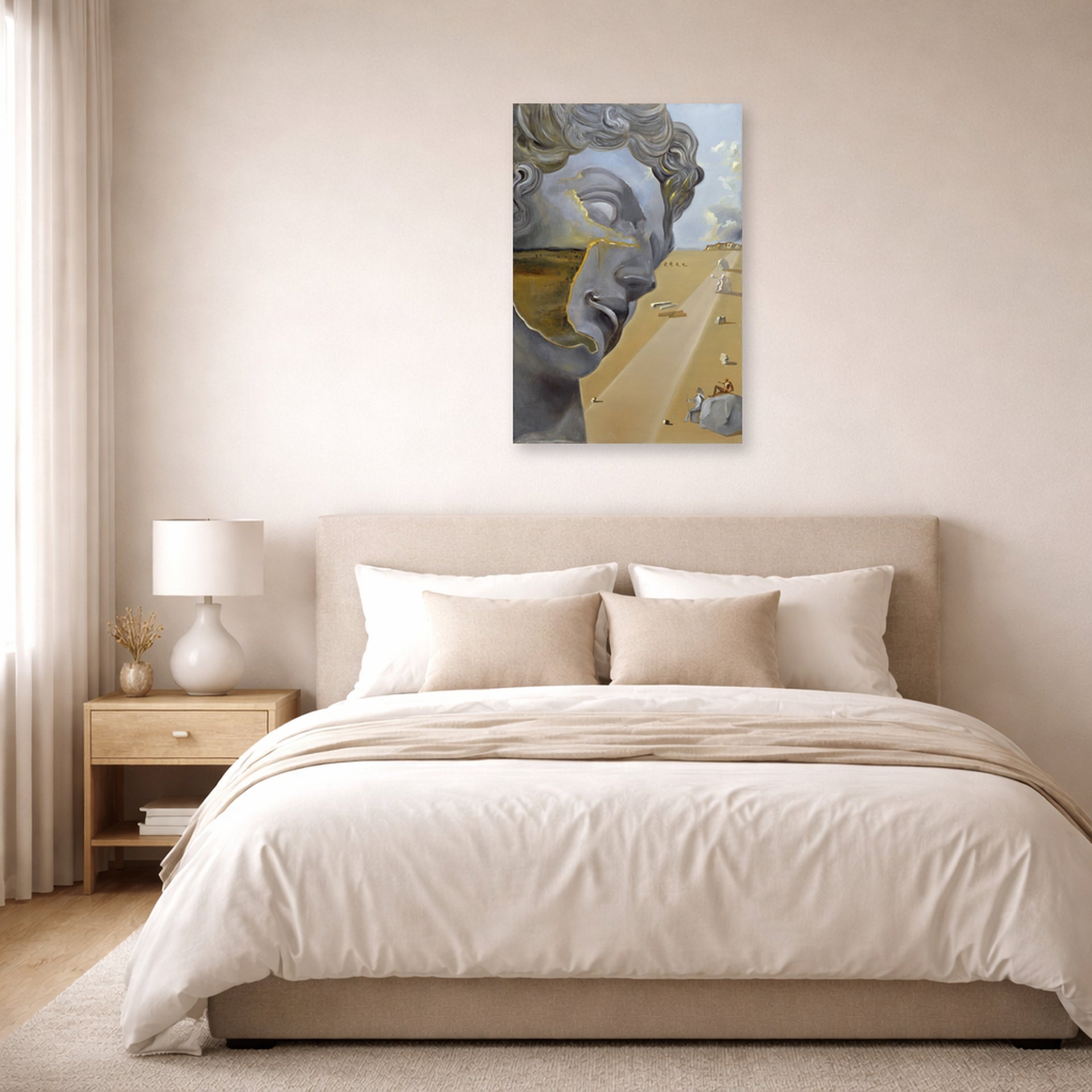 Unframed poster print of Salvador Dali's After the Head of Giuliano Di Medici displayed on a wall in a bedroom