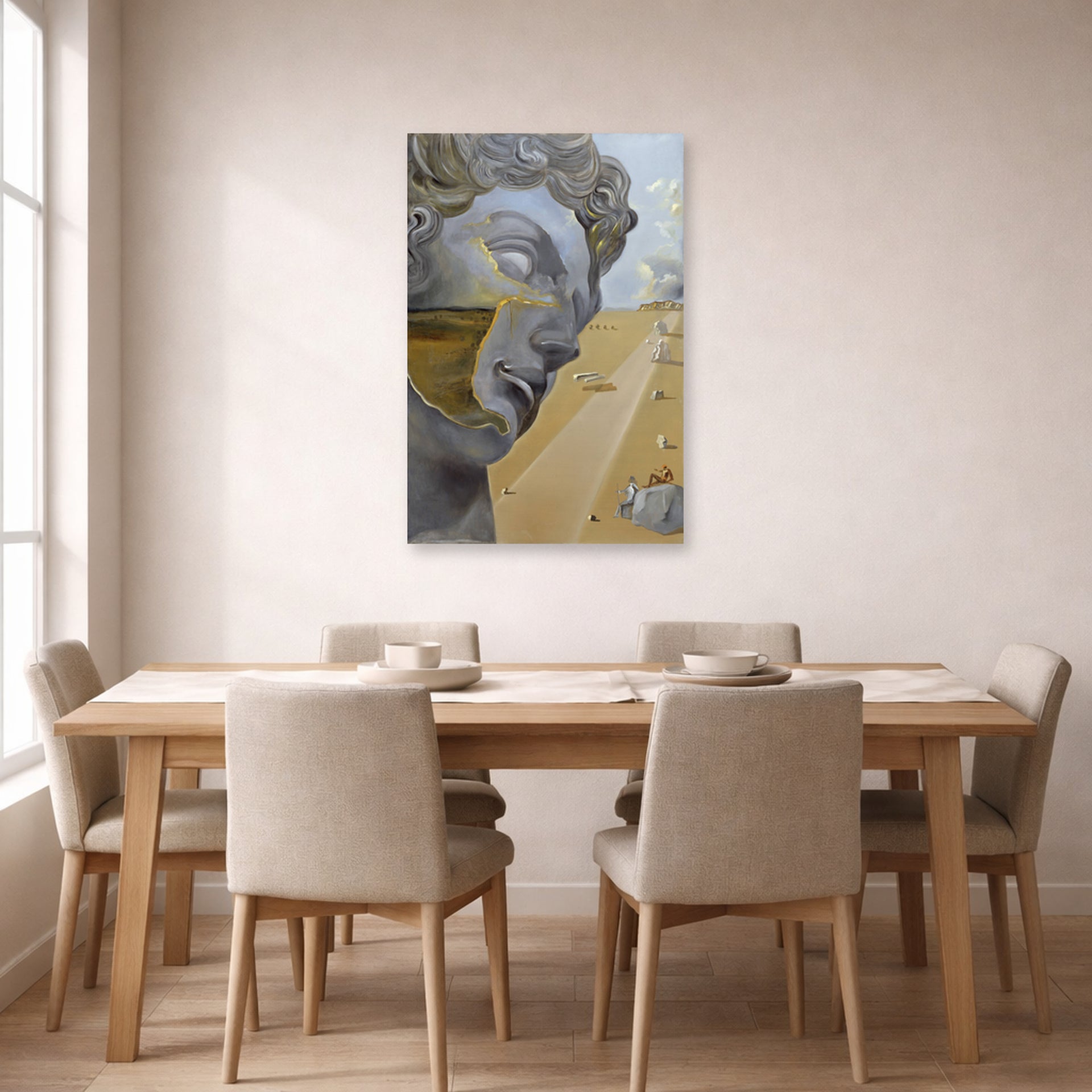 Unframed poster print of Salvador Dali's After the Head of Giuliano Di Medici displayed on a wall in a dining room