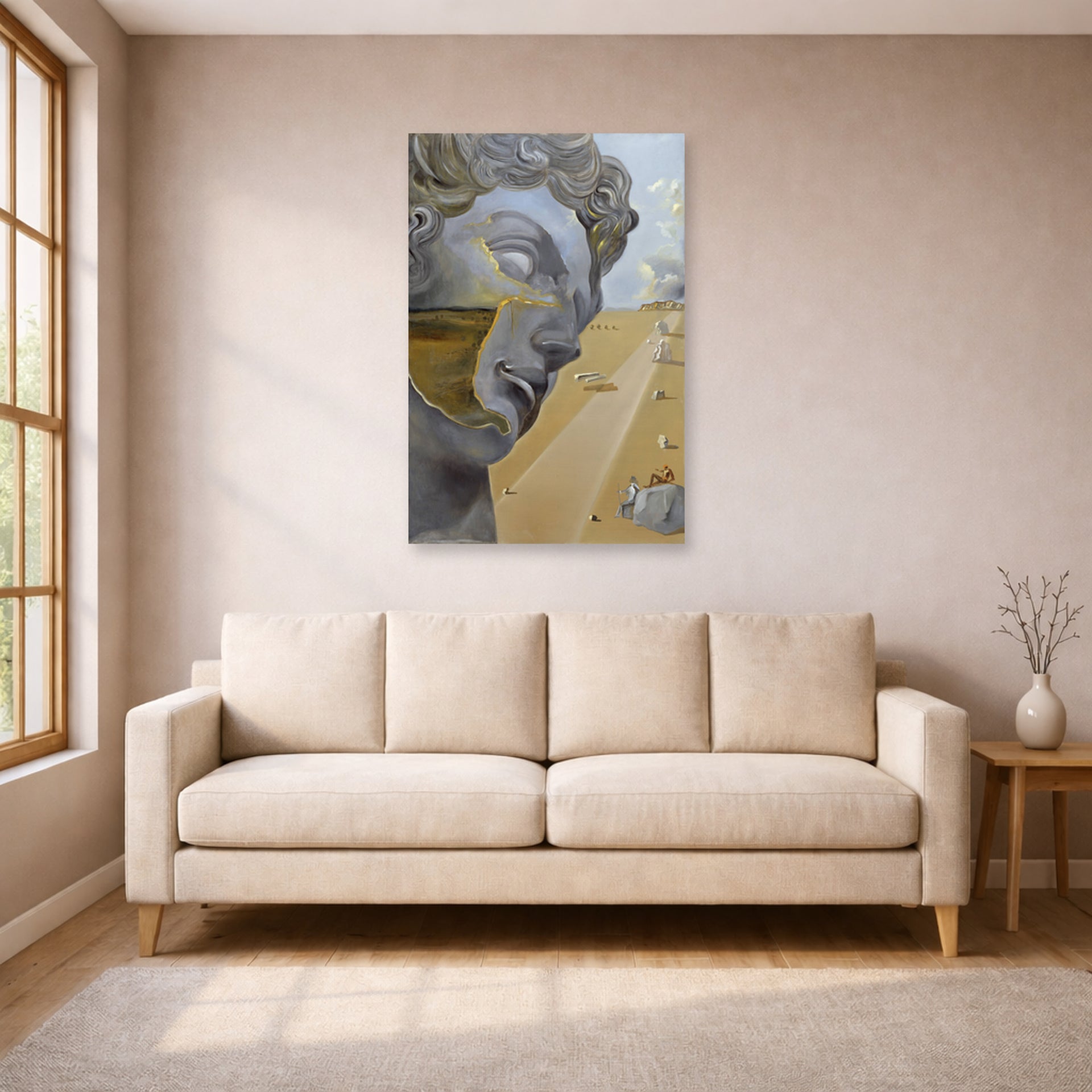 Unframed poster print of Salvador Dali's After the Head of Giuliano Di Medici displayed on a wall in a living room