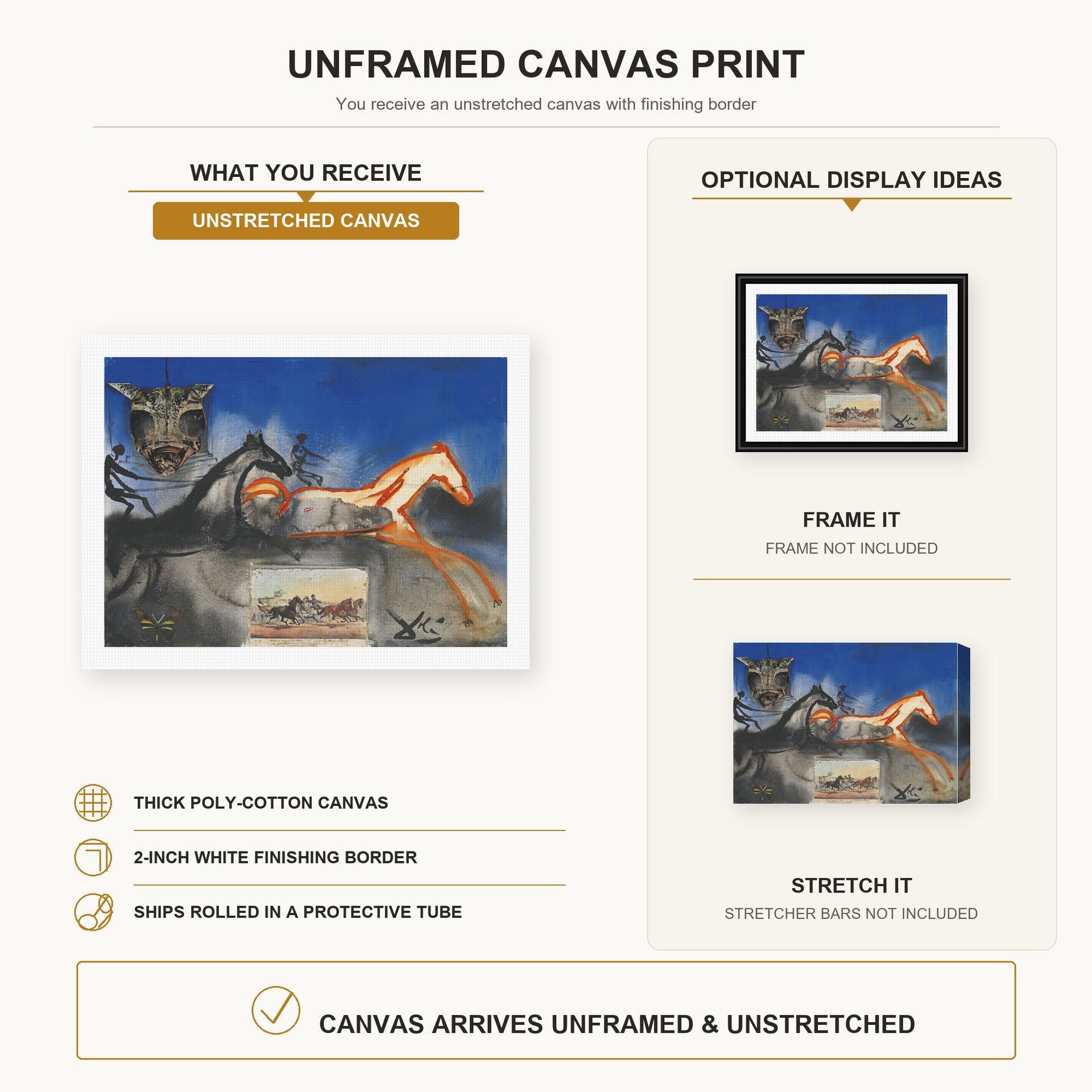 Salvador Dali - American Trotting Horses No. 2 canvas print size comparison and framing display infographic