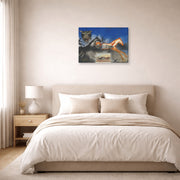 Gallery-wrapped canvas print of Salvador Dali's American Trotting Horses No. 2 displayed on a wall in a bedroom