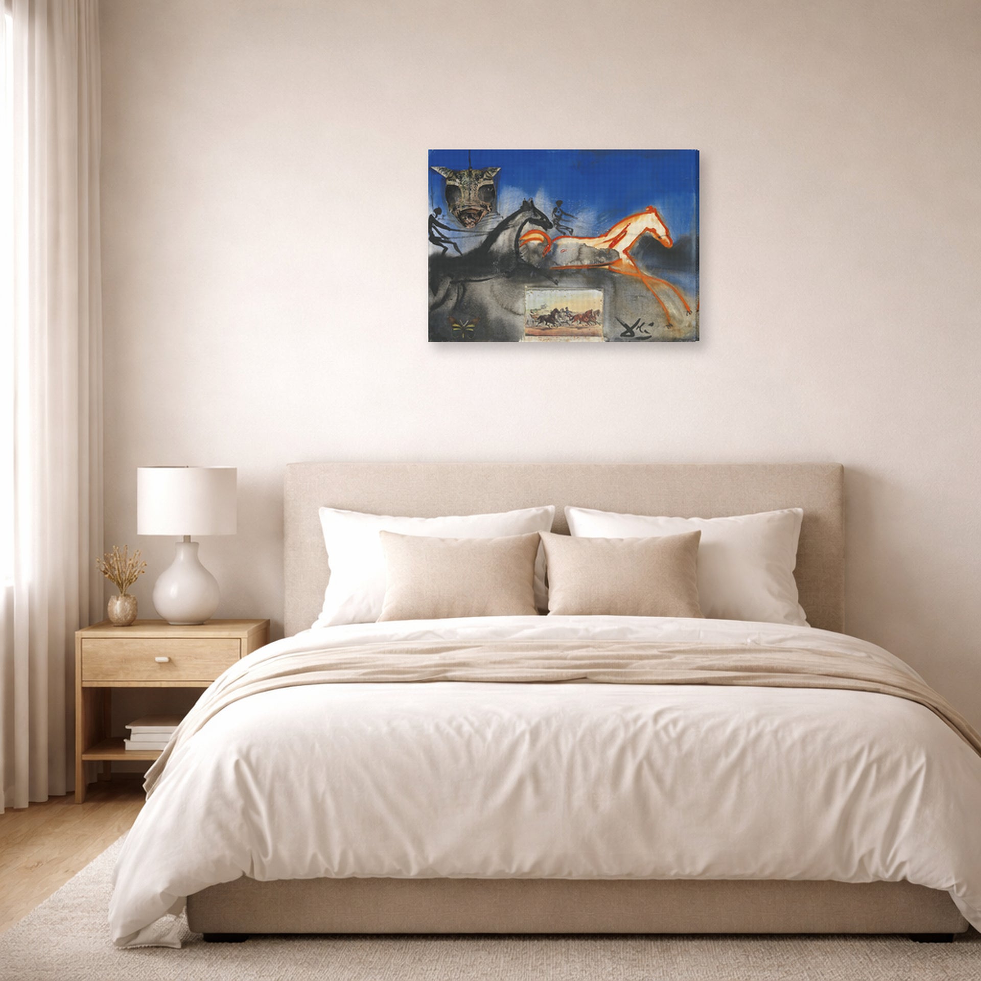 Gallery-wrapped canvas print of Salvador Dali's American Trotting Horses No. 2 displayed on a wall in a bedroom