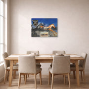Gallery-wrapped canvas print of Salvador Dali's American Trotting Horses No. 2 displayed on a wall in a dining room