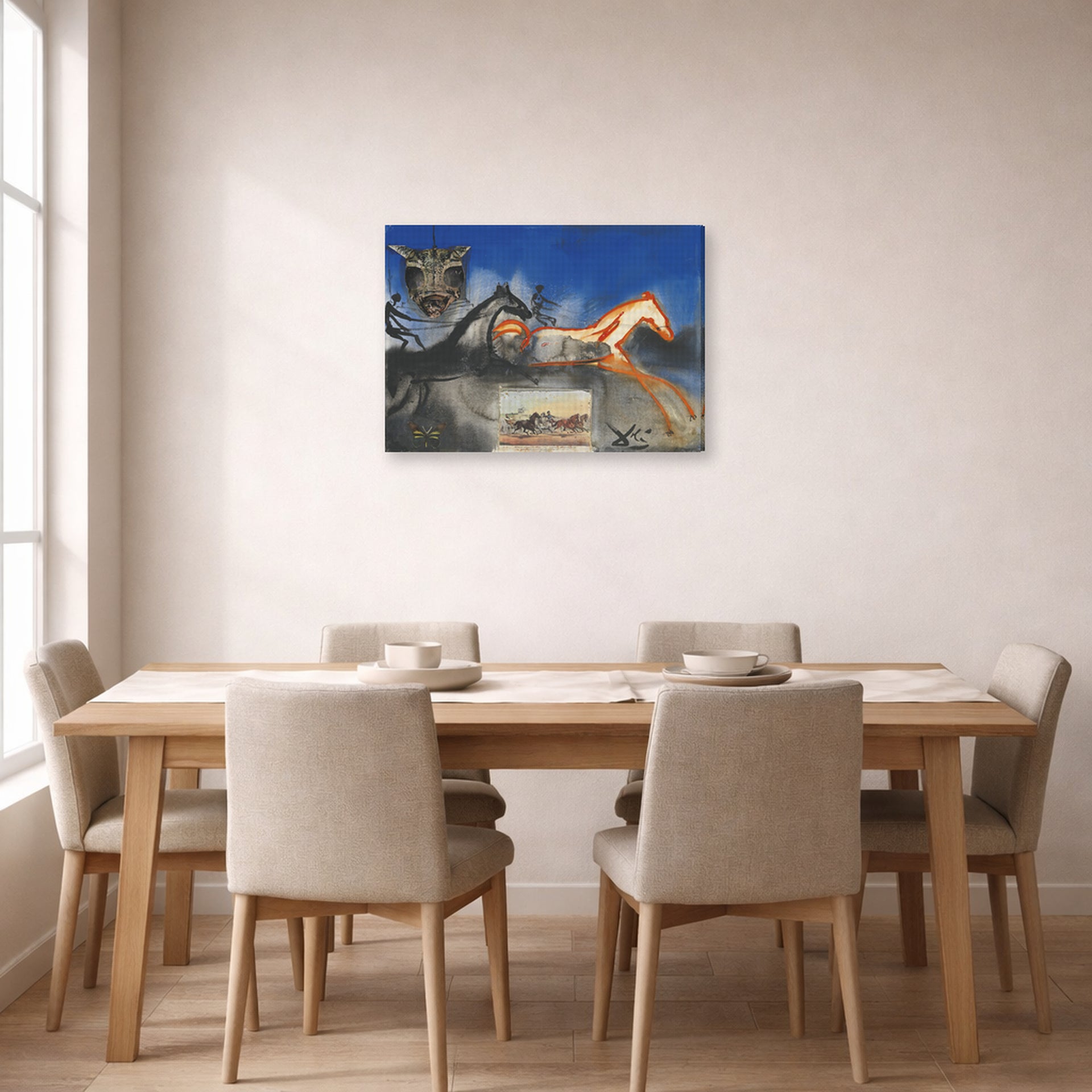 Gallery-wrapped canvas print of Salvador Dali's American Trotting Horses No. 2 displayed on a wall in a dining room
