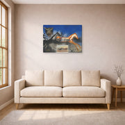 Gallery-wrapped canvas print of Salvador Dali's American Trotting Horses No. 2 displayed on a wall in a living room