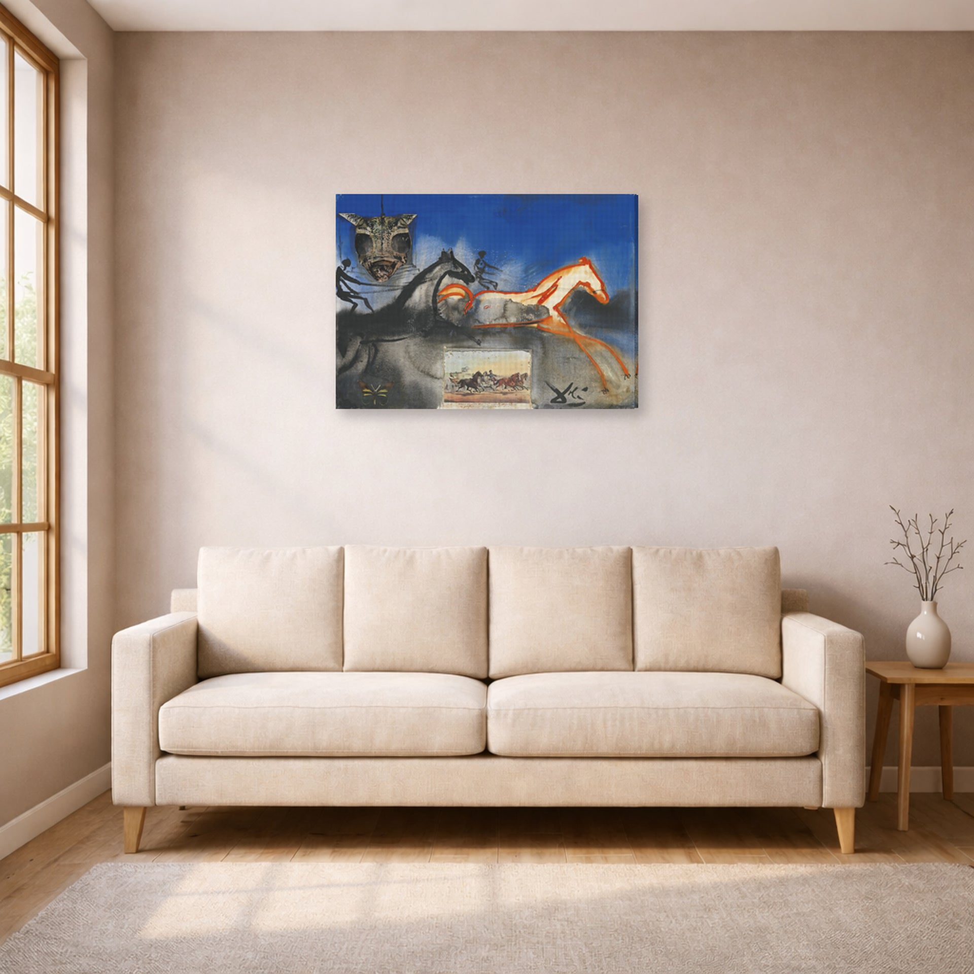 Gallery-wrapped canvas print of Salvador Dali's American Trotting Horses No. 2 displayed on a wall in a living room