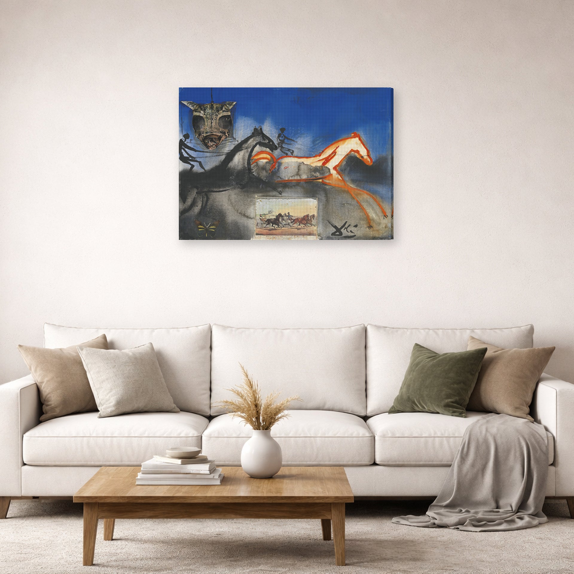 Gallery-wrapped canvas print of Salvador Dali's American Trotting Horses No. 2 displayed on a wall in a living room