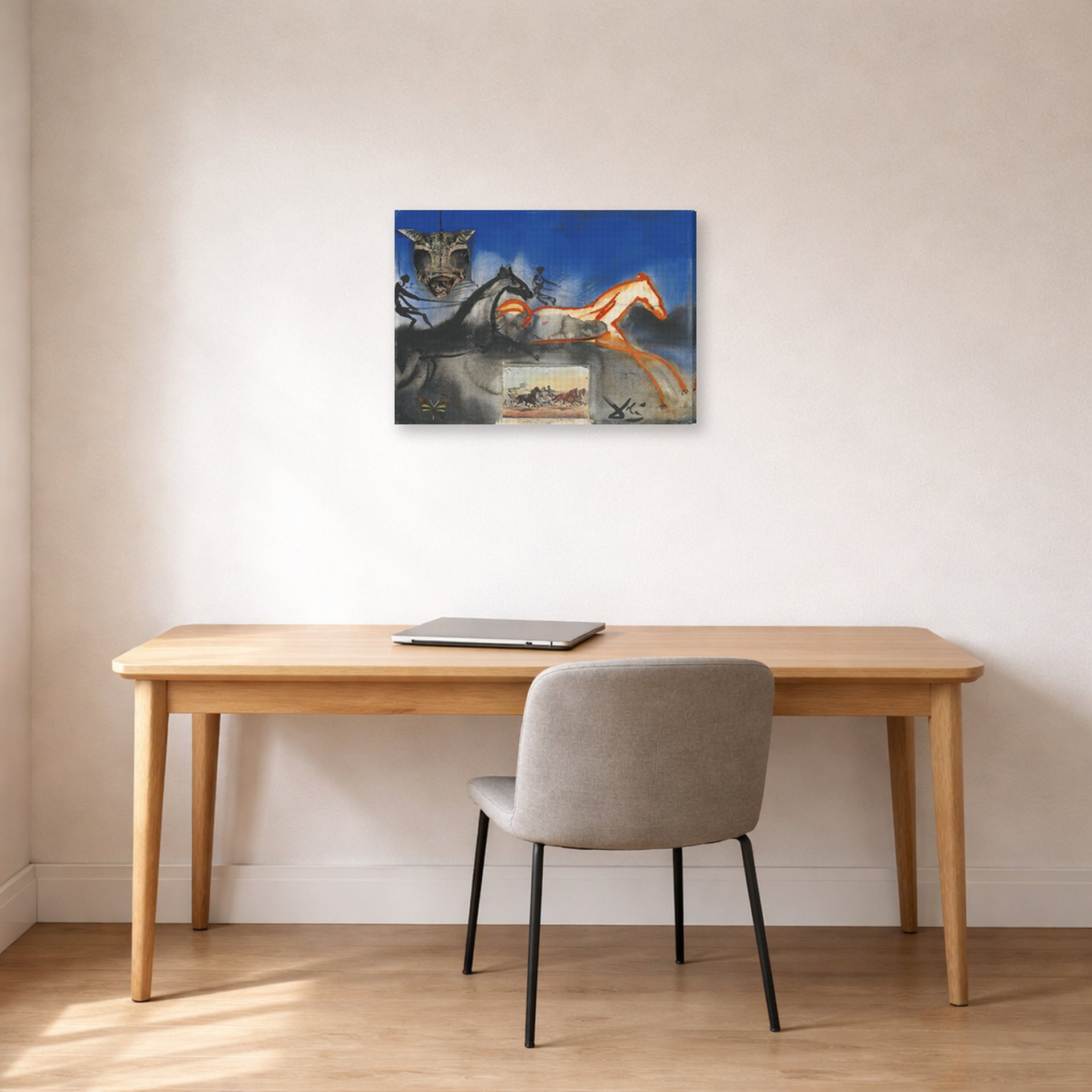 Gallery-wrapped canvas print of Salvador Dali's American Trotting Horses No. 2 displayed on a wall in a office
