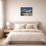 Unframed poster print of Salvador Dali's American Trotting Horses No. 2 displayed on a wall in a bedroom