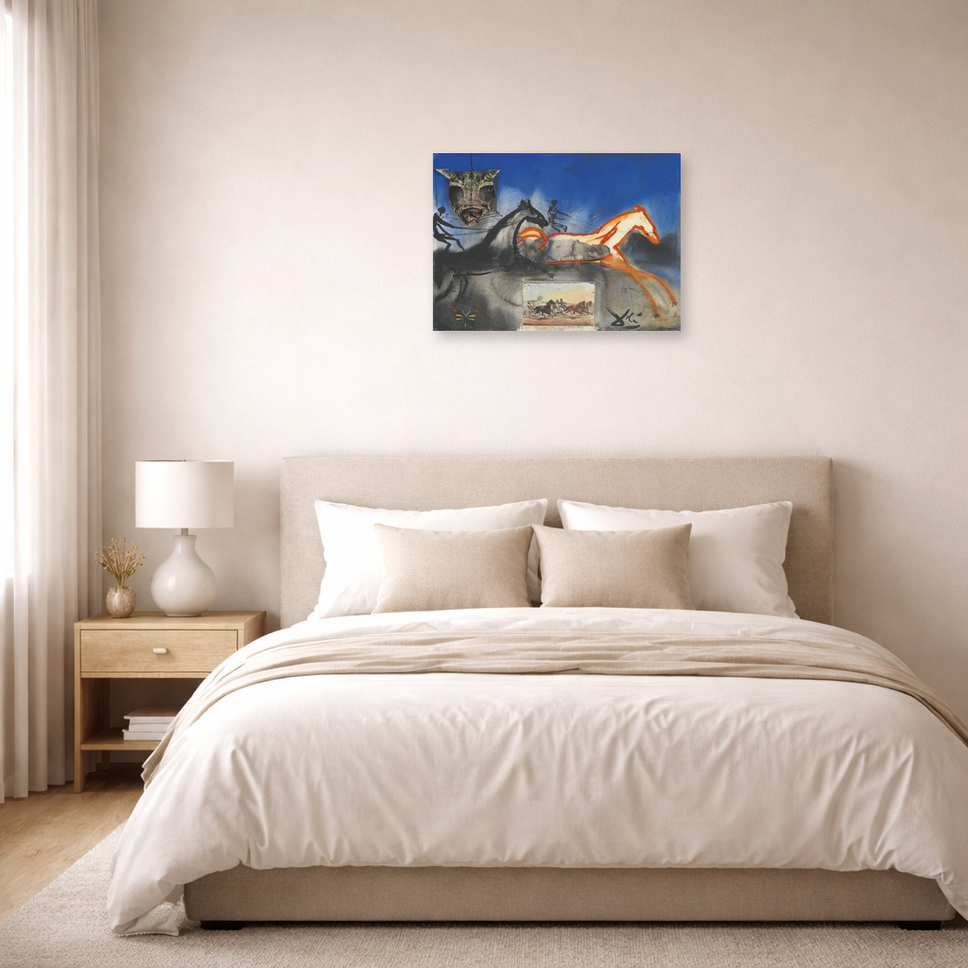Unframed poster print of Salvador Dali's American Trotting Horses No. 2 displayed on a wall in a bedroom