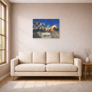 Unframed poster print of Salvador Dali's American Trotting Horses No. 2 displayed on a wall in a living room