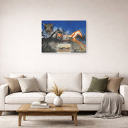 Unframed poster print of Salvador Dali's American Trotting Horses No. 2 displayed on a wall in a living room