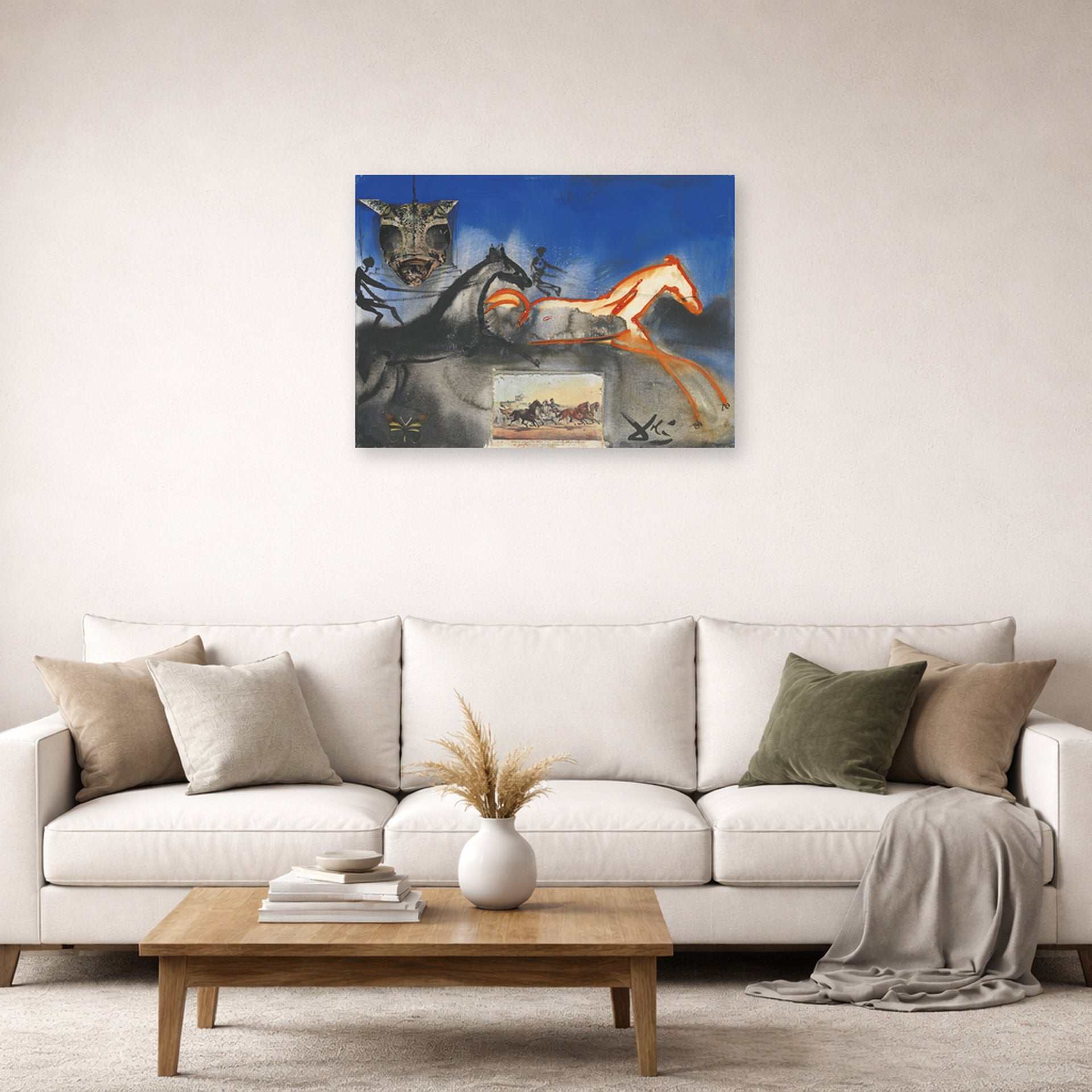 Unframed poster print of Salvador Dali's American Trotting Horses No. 2 displayed on a wall in a living room